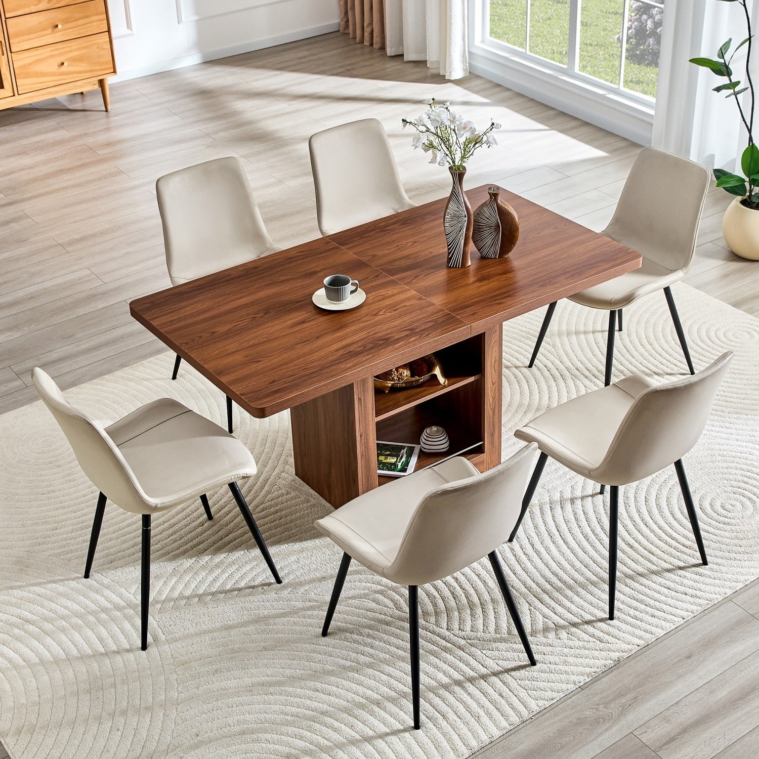 7 Piece Set 59 71 Extendable Dining Table With Pu Upholstered Dining Chairs