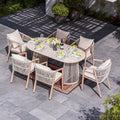 7 Piece Set 71 Dining Table And 6 Chairs With Rattan Weaving And Iron Frame