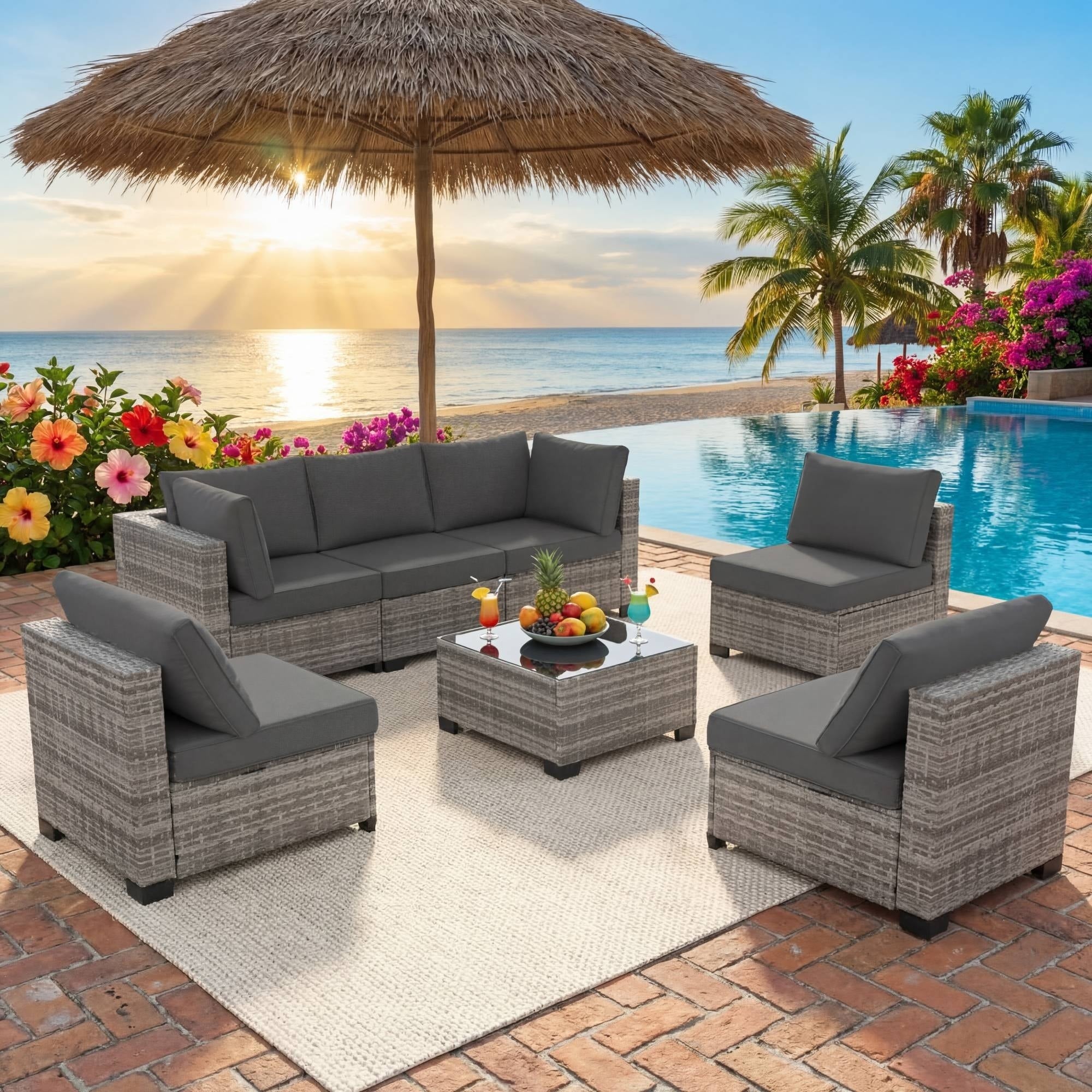 7 Piece Wicker Patio Conversation Set For Balcony Pool Garden