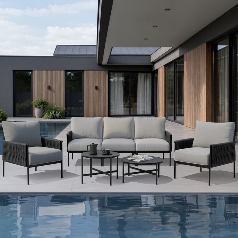 7 Piece Woven Rope Outdoor Iron Frame Patio Conversation Set