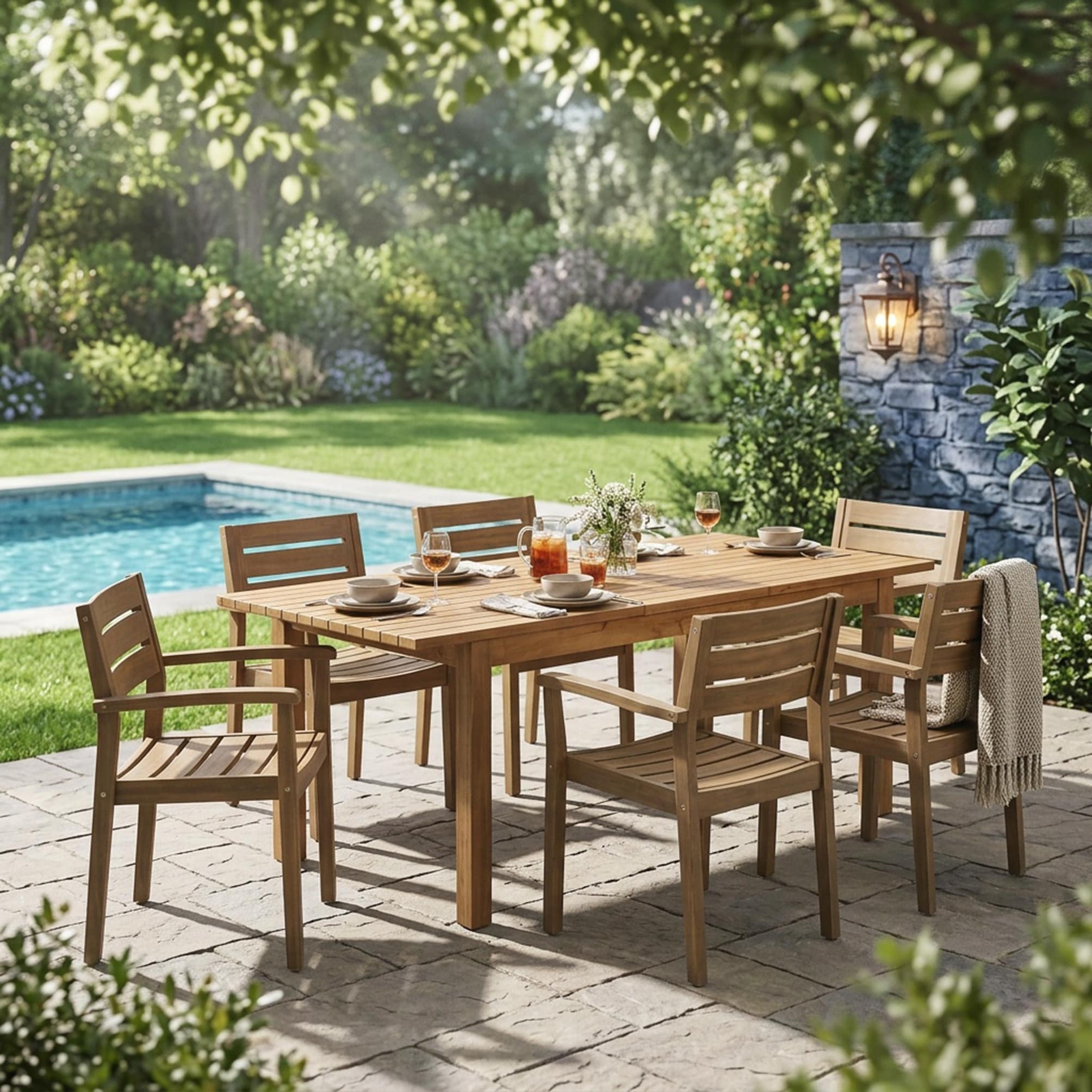 7 Pieces Acacia Wood Outdoor Dining Set S Modern 6 Chairs 1 Large Table