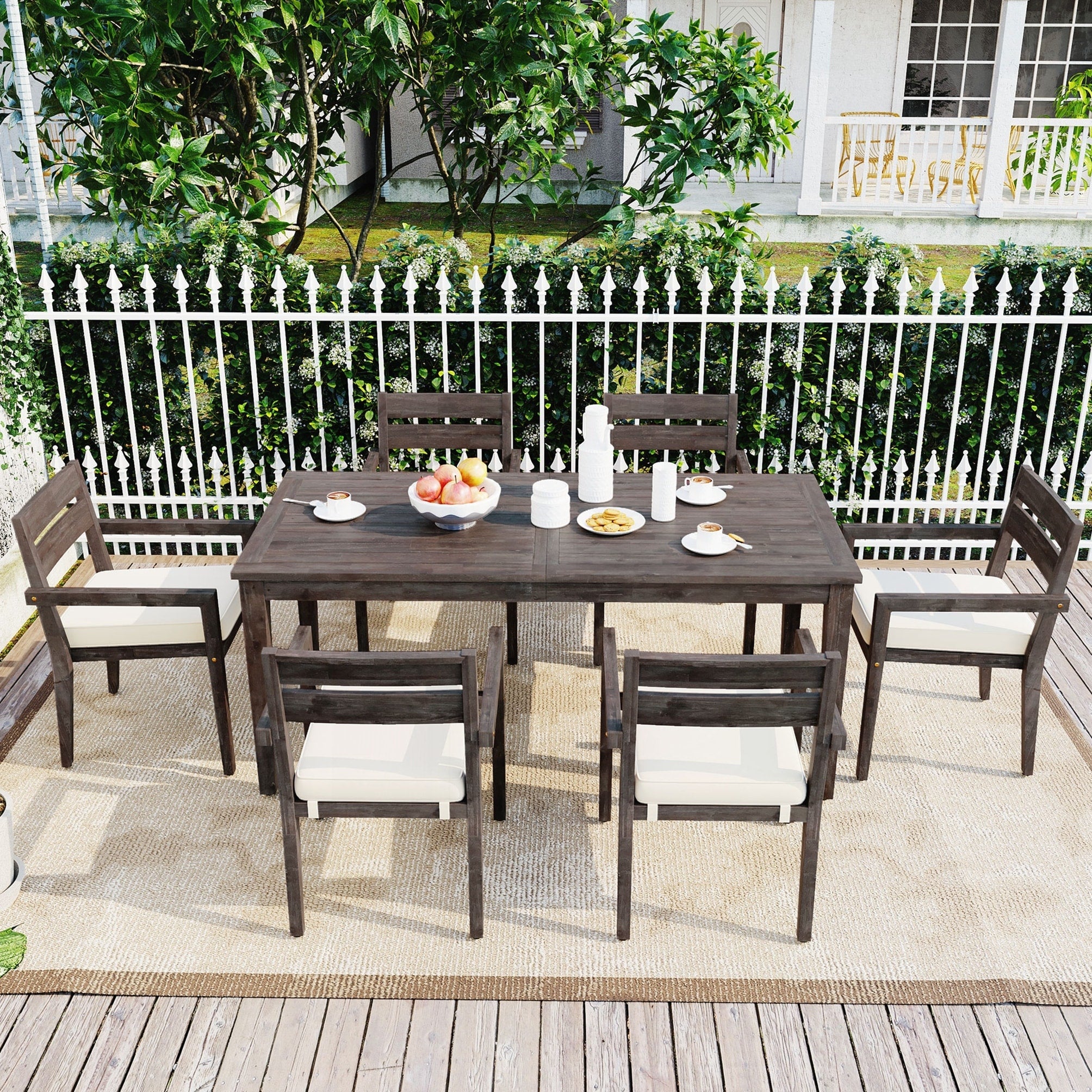 7 Pieces Acacia Wood Outdoor Dining Set With Cushions Modern 6 Chairs And 1 Large Table