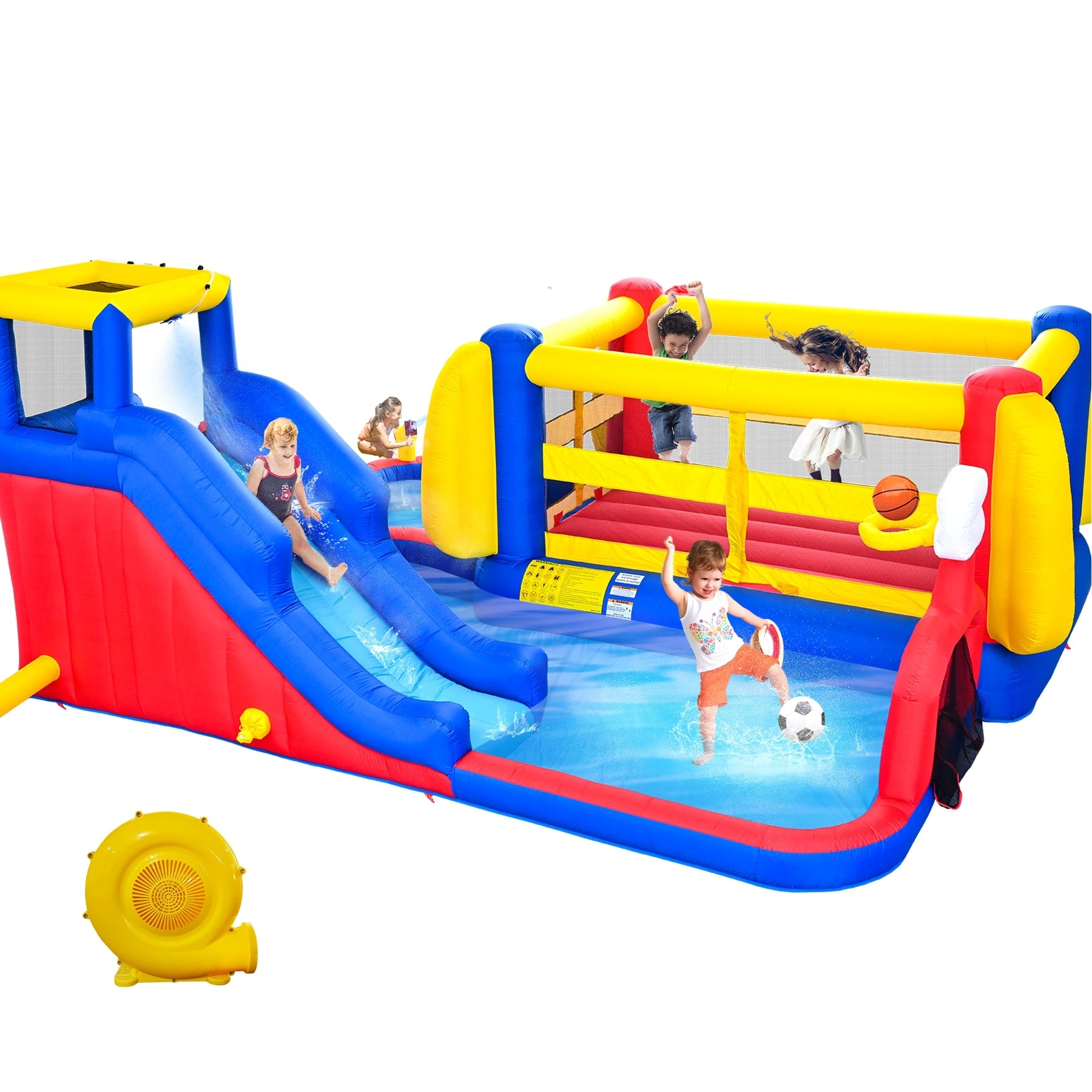 7 In 1 Inflatable Slide Water Park With Deep Water Pool Basketball Hoop Football Gate Water Cannon Climb Wall Bounce House