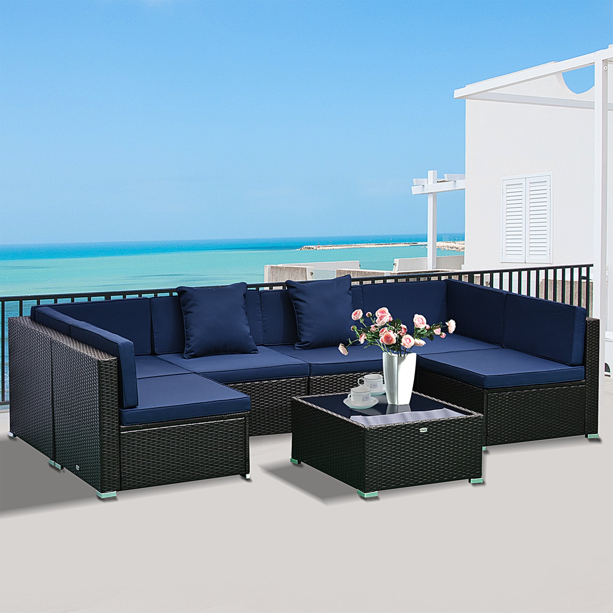 Outsunny 7 Piece Modern Rattan Wicker Garden Outdoor Furniture Modular Sectional Patio Set Dark Coffee Blue