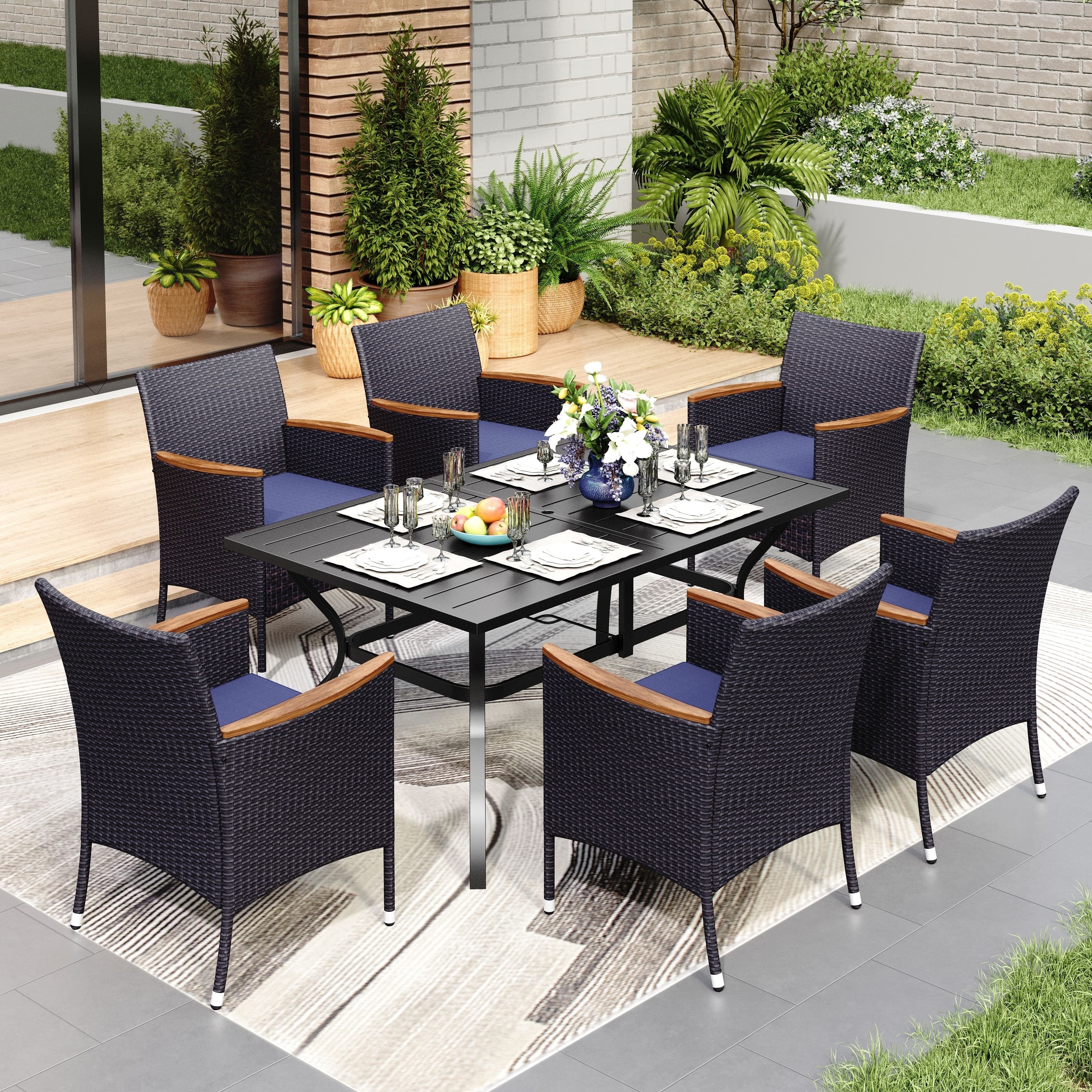 Phi Villa 7 Piece Outdoor Dining Sets 60 X38 Rectangular Dining Table With 1.57 Umbrella Hole And 6 Rattan Garden Chairs
