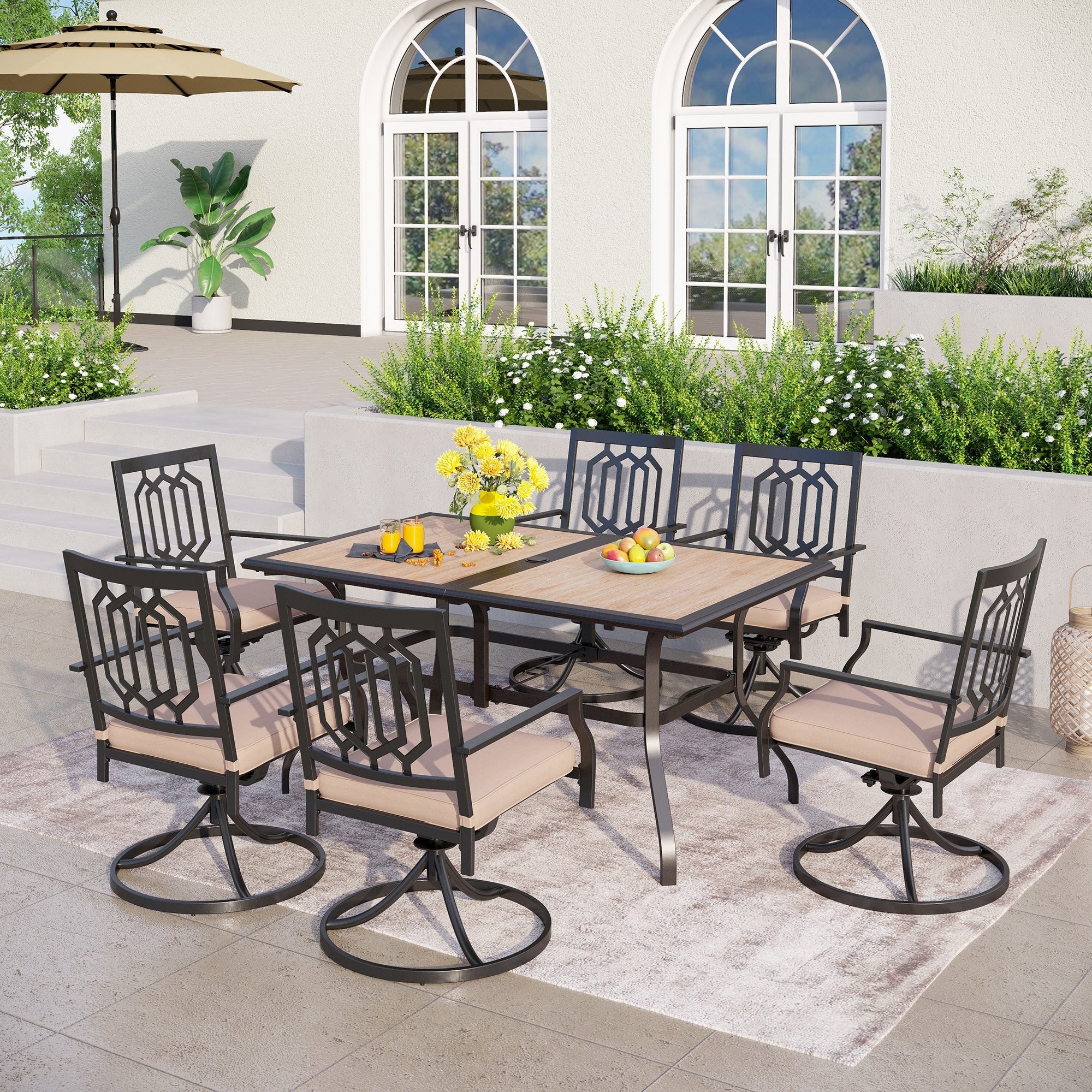Mfstudio 7 Pcs Patio Dining Set Large Rectangular Wood Like Top Table With 6 Swivel Chairs