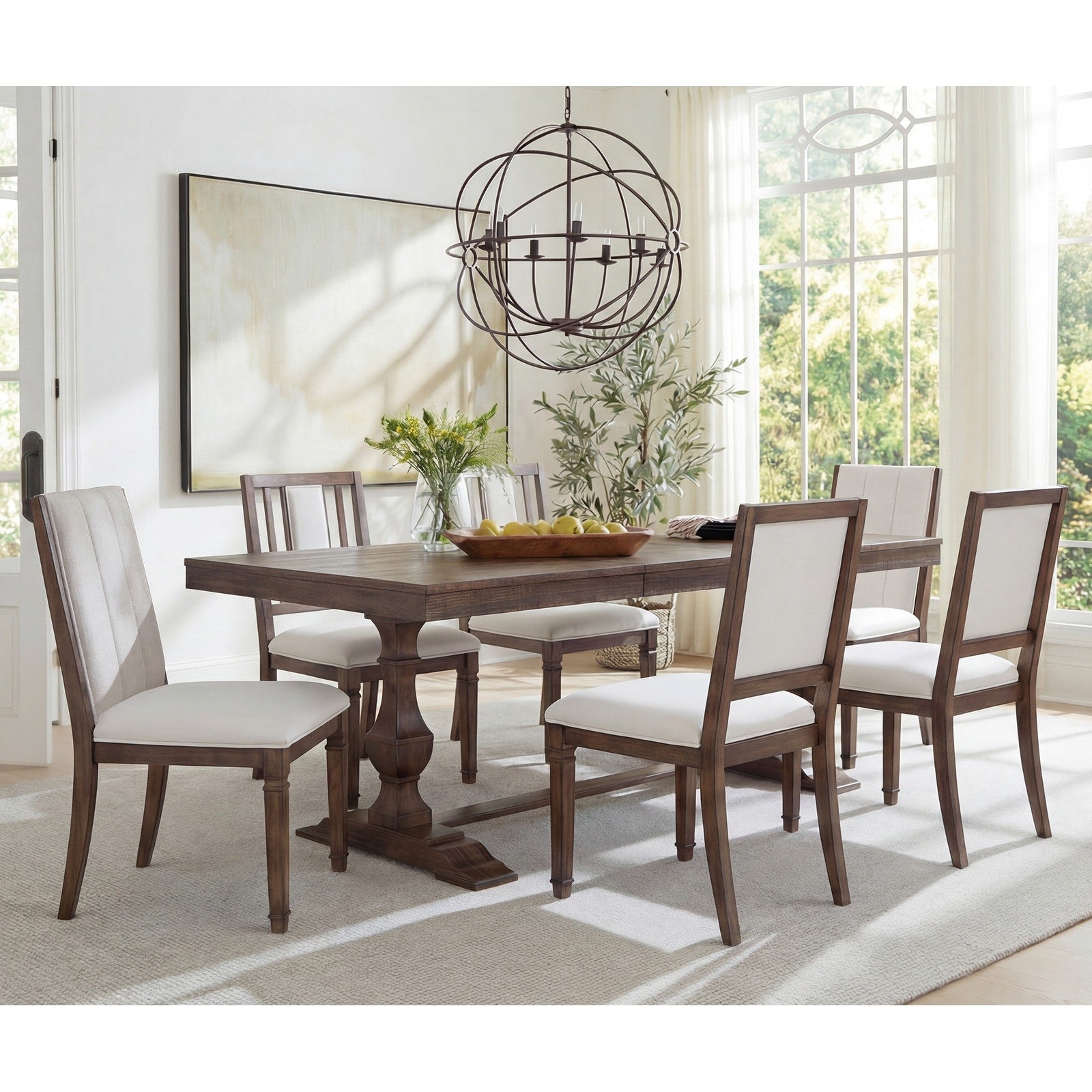 7 Pieces Farmhouse Dining Table Set For 6 74.8 Kitchen Table With Chairs Solid Wood Legs And Upholstered Back