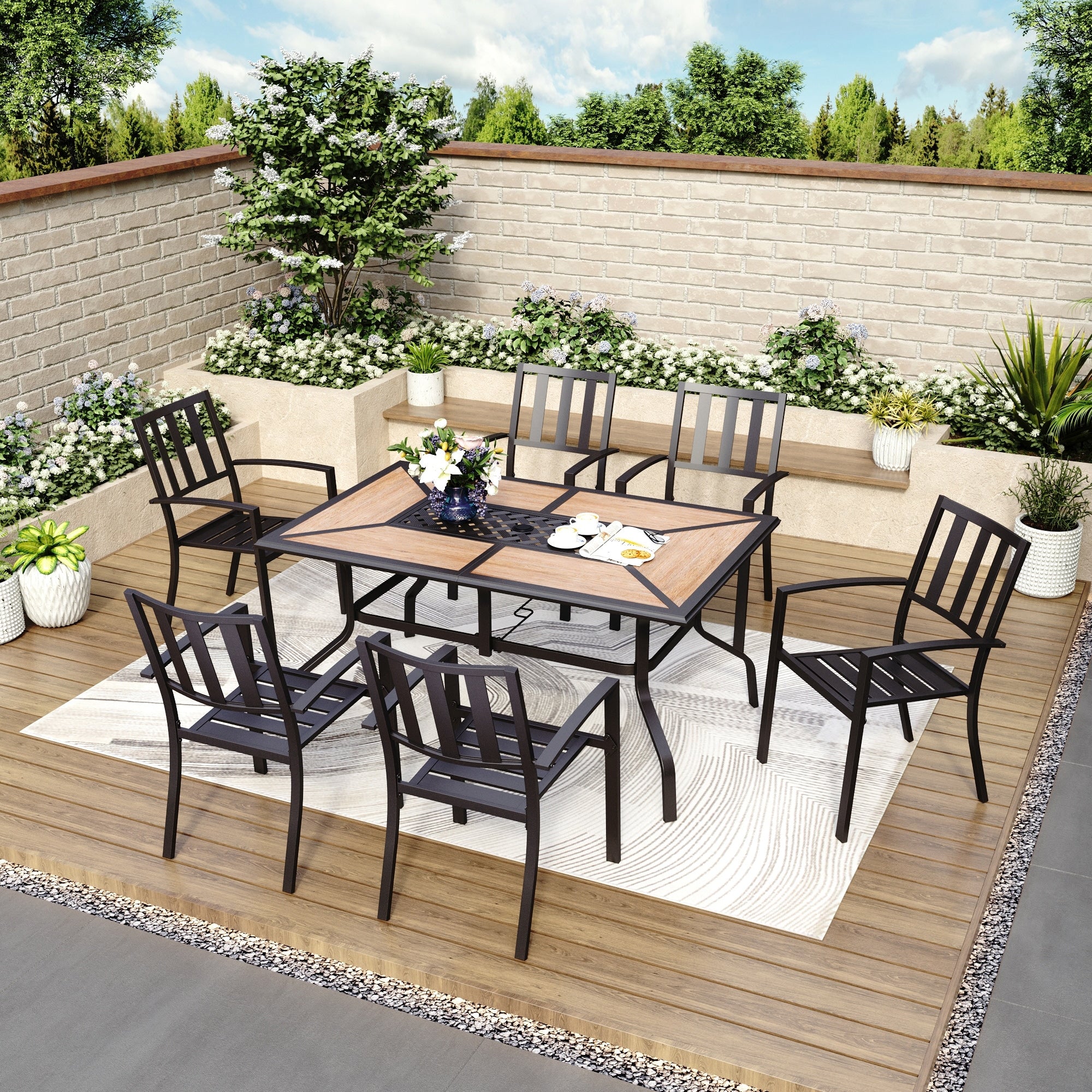 Sophia William 7 Pieces Patio Dining Set With 6 Steel Garden Chairs And 1 Patio Umbrella Rectangle Table