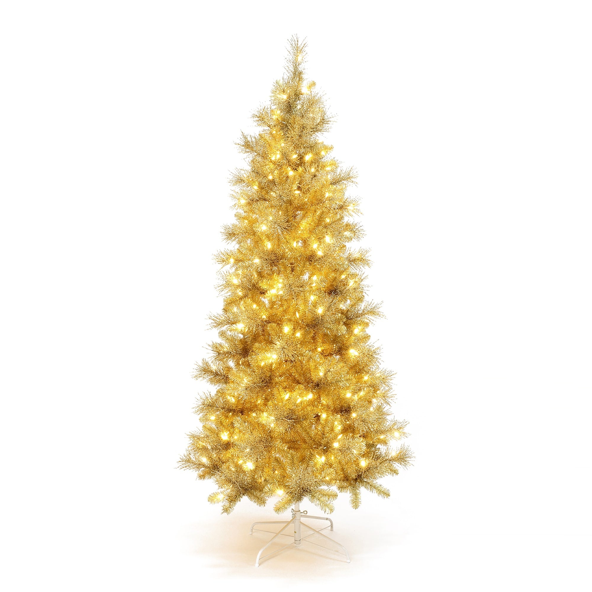 7.5Ft Pre Lit Gold Tinsel Artificial Pine Tree With Metal Stand 90 H X 42 Diameter