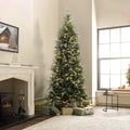 7.5Ft Pre Lit Green And Flocked Slim Artificial Christmas Tree With Metal Stand 90 H X 48 Diameter