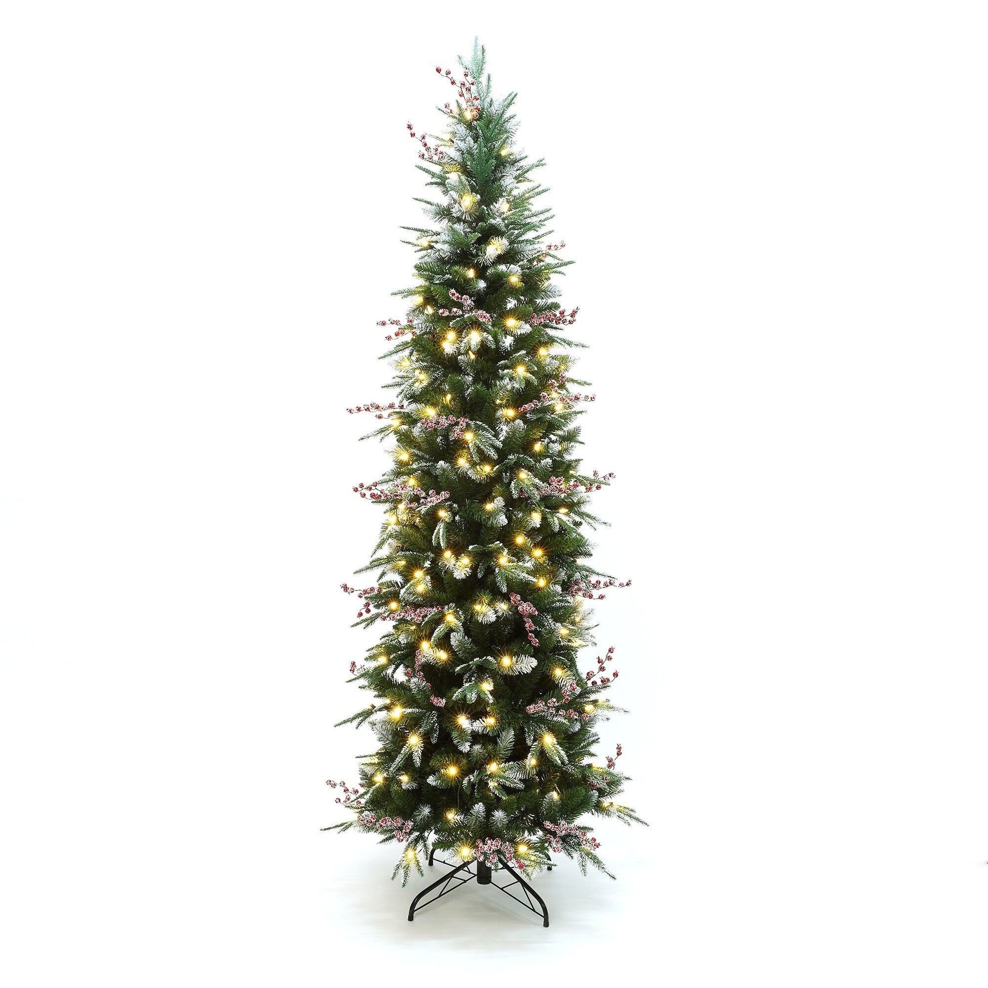 7.5Ft Pre Lit Pencil Artificial Christmas Tree With Frosted Tips And Red Berries 90 H X 33.6 Diameter