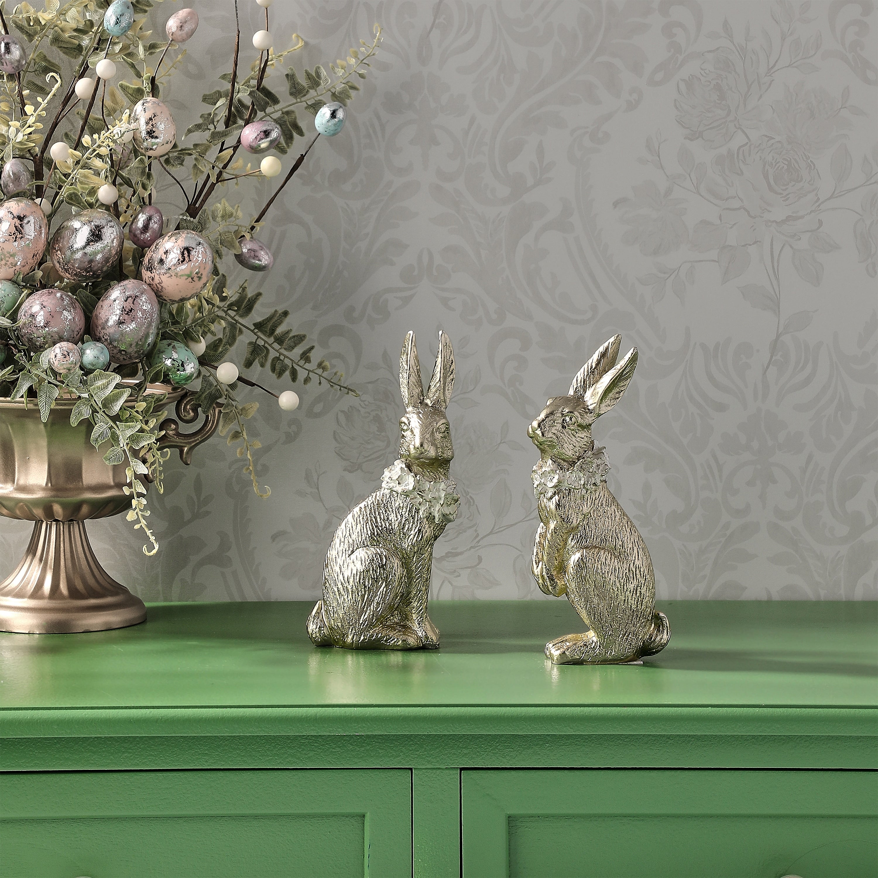 7.5 Resin Bunny With Floral Collar Set Of 2