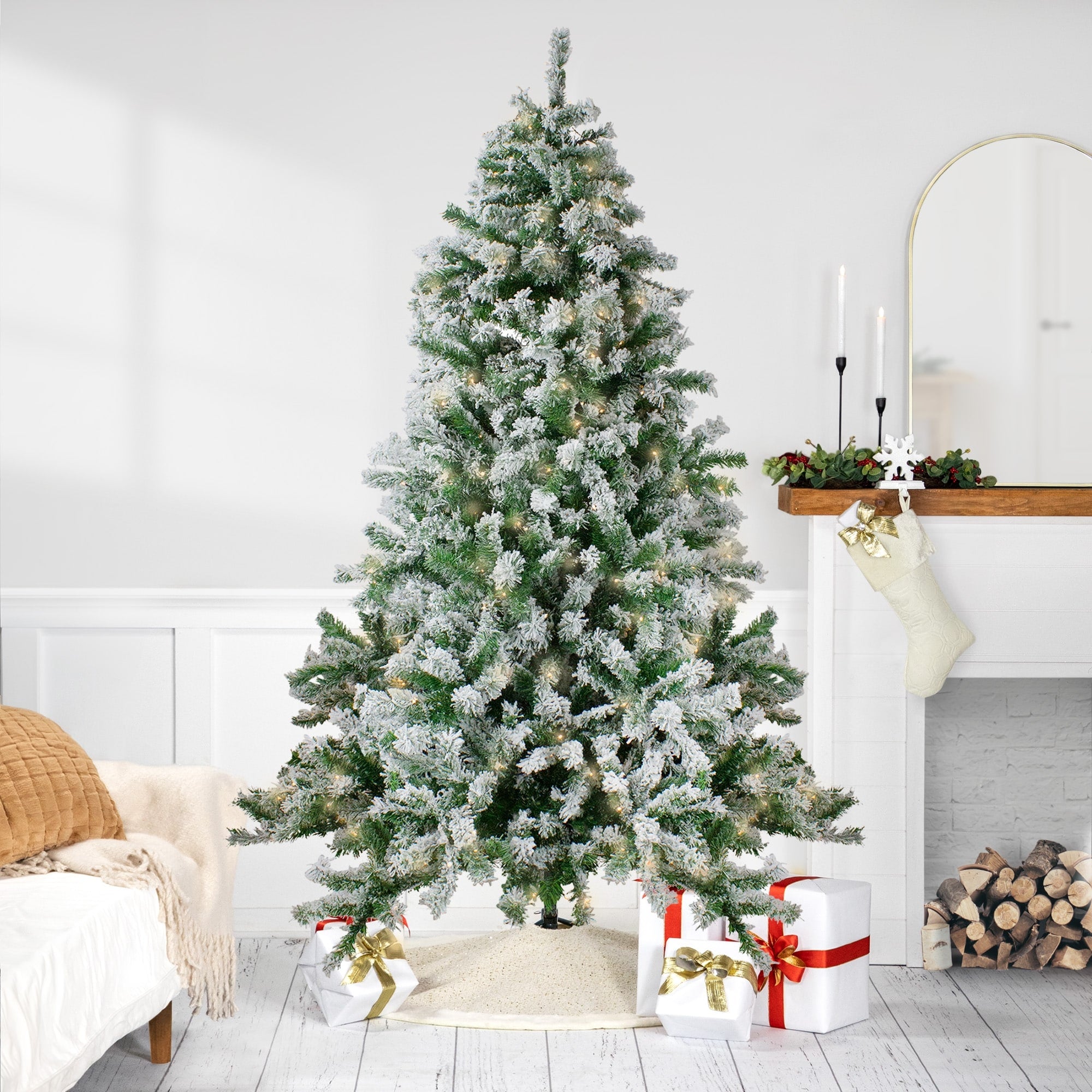 7.5 Pre Lit Flocked Winter Park Fir Artificial Christmas Tree Clear Lights 7.5 Foot