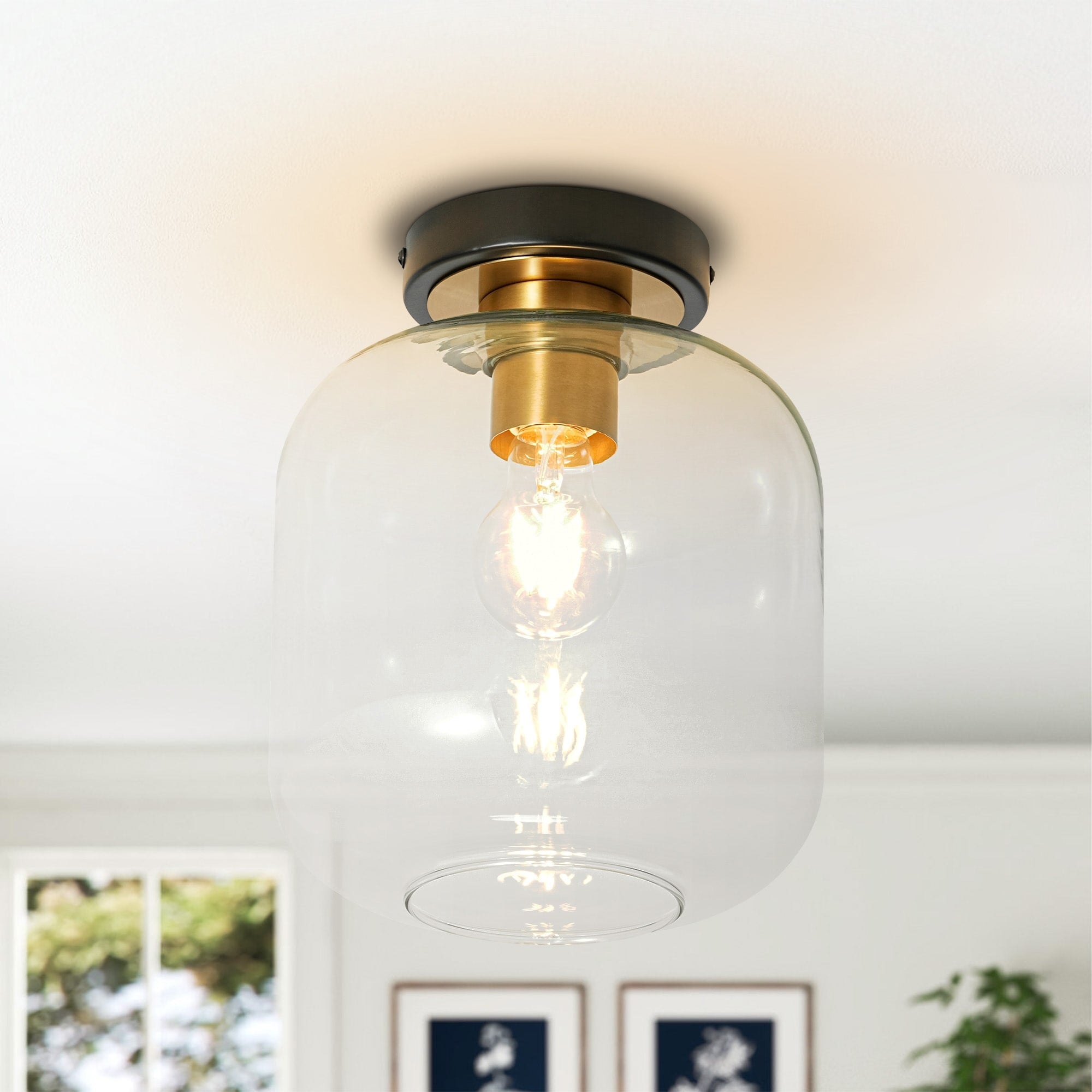 7.9 Modern Antique Brass Matte Black Finish Flush Mount Ceiling Light With Winter Melon Shaped Glass Shade For Hallways