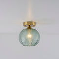 7.9 W Nordic Modern Dome Brass Finish Semi Flush Mount Light With Green Leaf Textured Ripple Glass Globe For Bedroom Entryway
