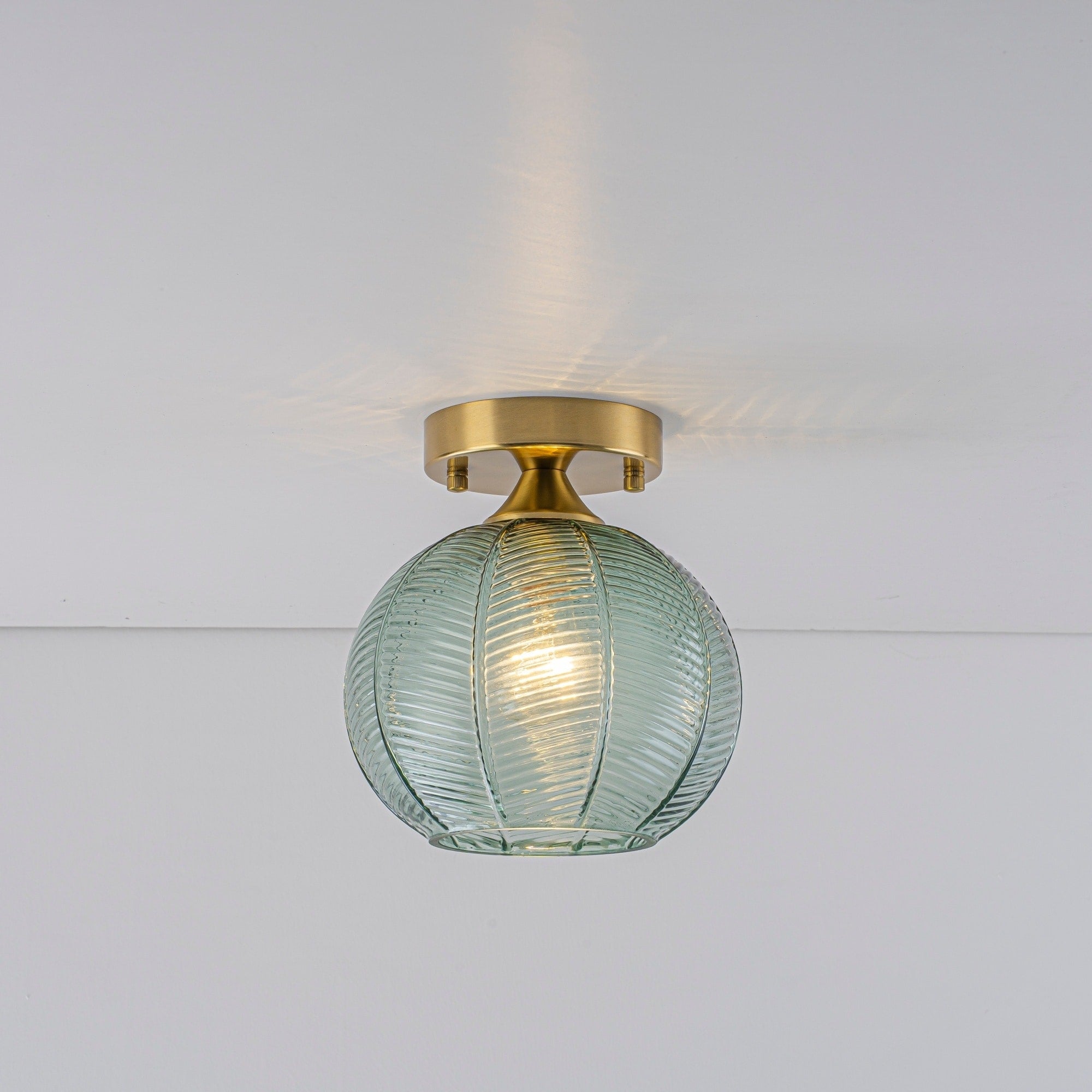 7.9 W Nordic Modern Dome Brass Finish Semi Flush Mount Light With Green Leaf Textured Ripple Glass Globe For Bedroom Entryway