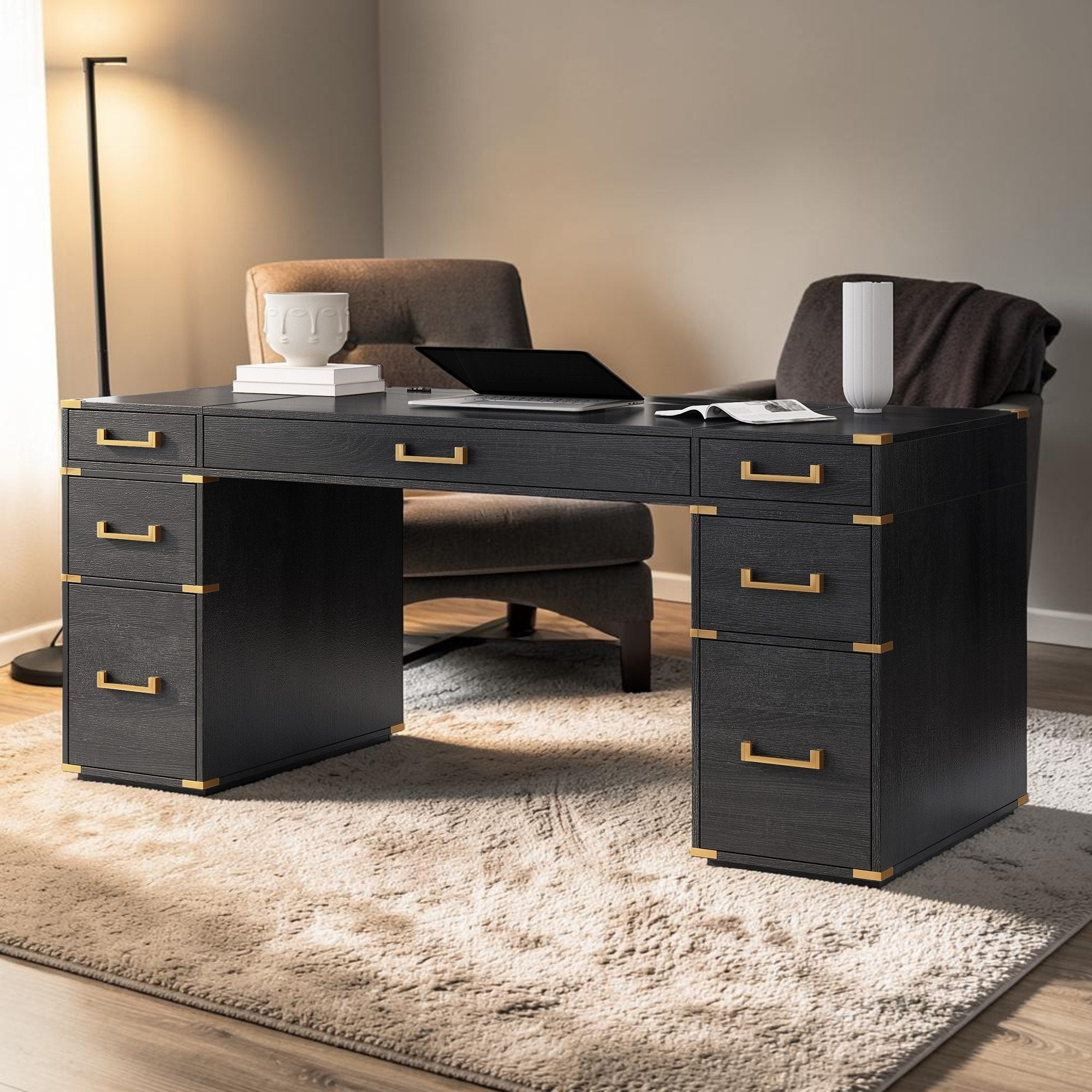 70 Inch Executive Desk With 7 Drawers Usb Ports Hidden Storage And Metal Edge Trim Office Desk