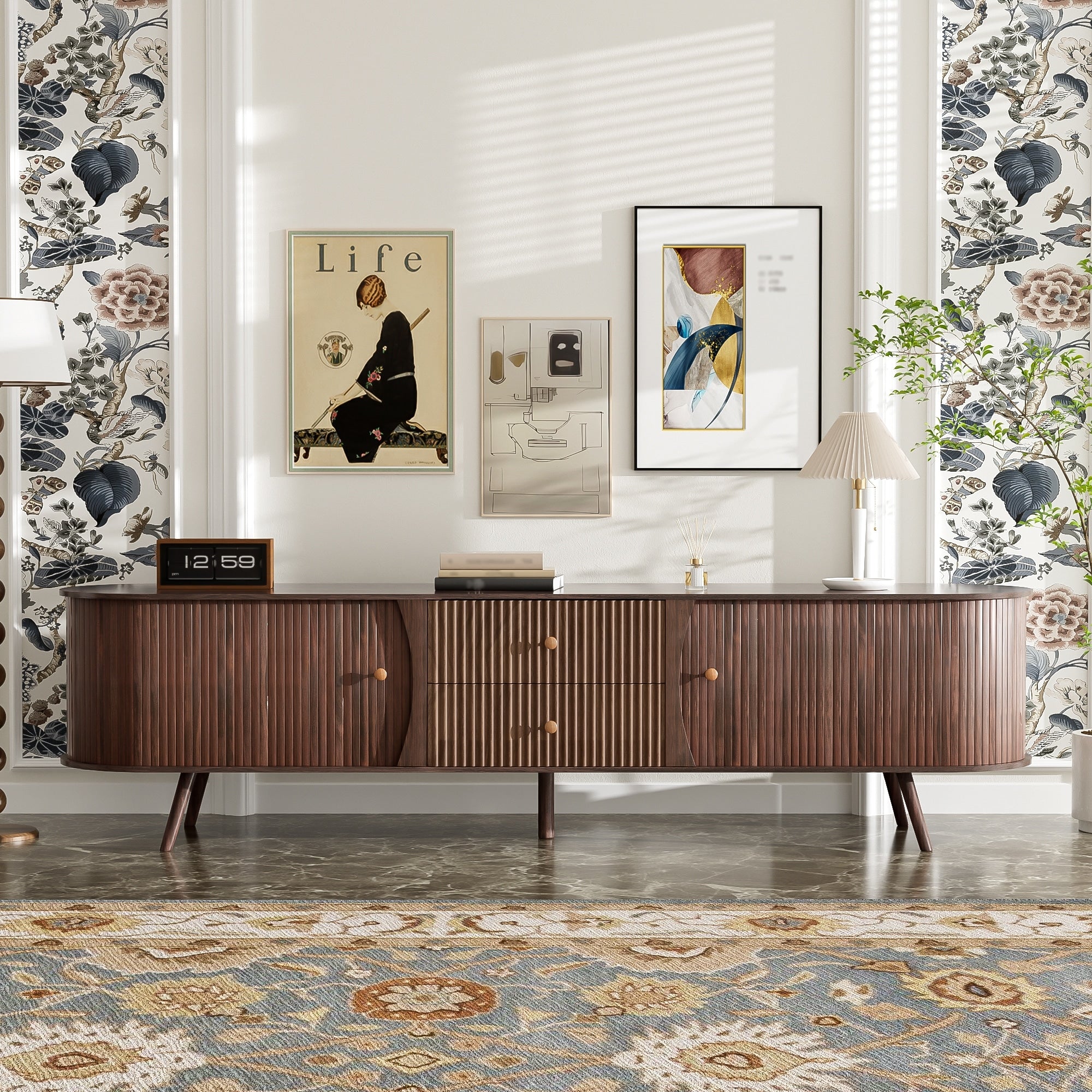70 Inch Mid Century Modern Tv Stand Tv Stand For 80 Inch Tv Tv Stand With Tambour Doors Fluted Drawers Tv Consoles