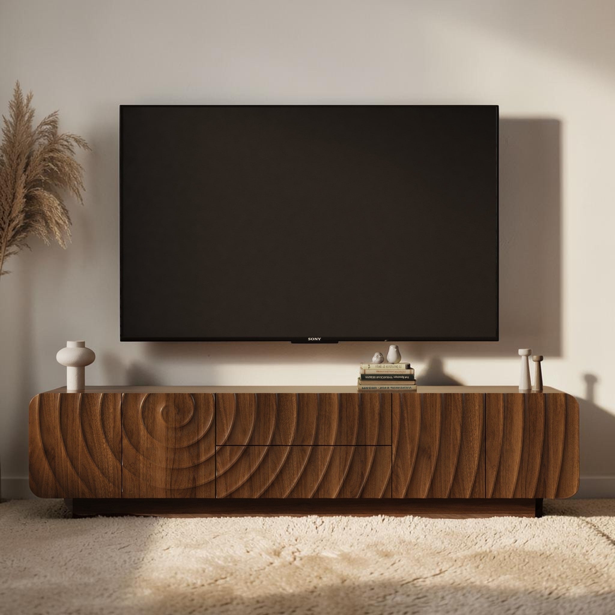 70 Inch Mid Century Tv Stand With Spiral Wave Doors And Drawers Modern Entertainment Center For 65 85 Inch Tvs