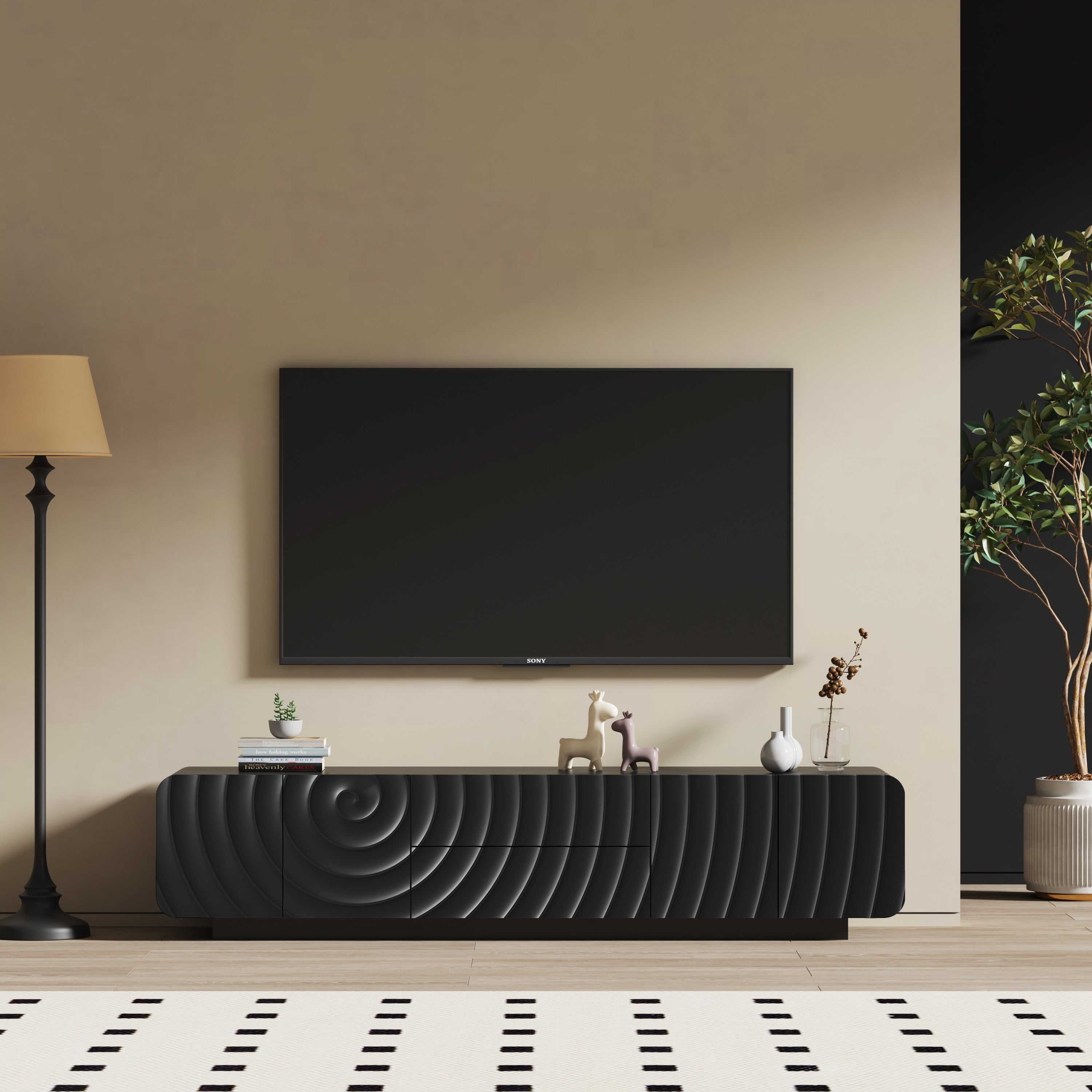 70 Inch Tv Console With Unique Spiral Wave Design And Ample Storage