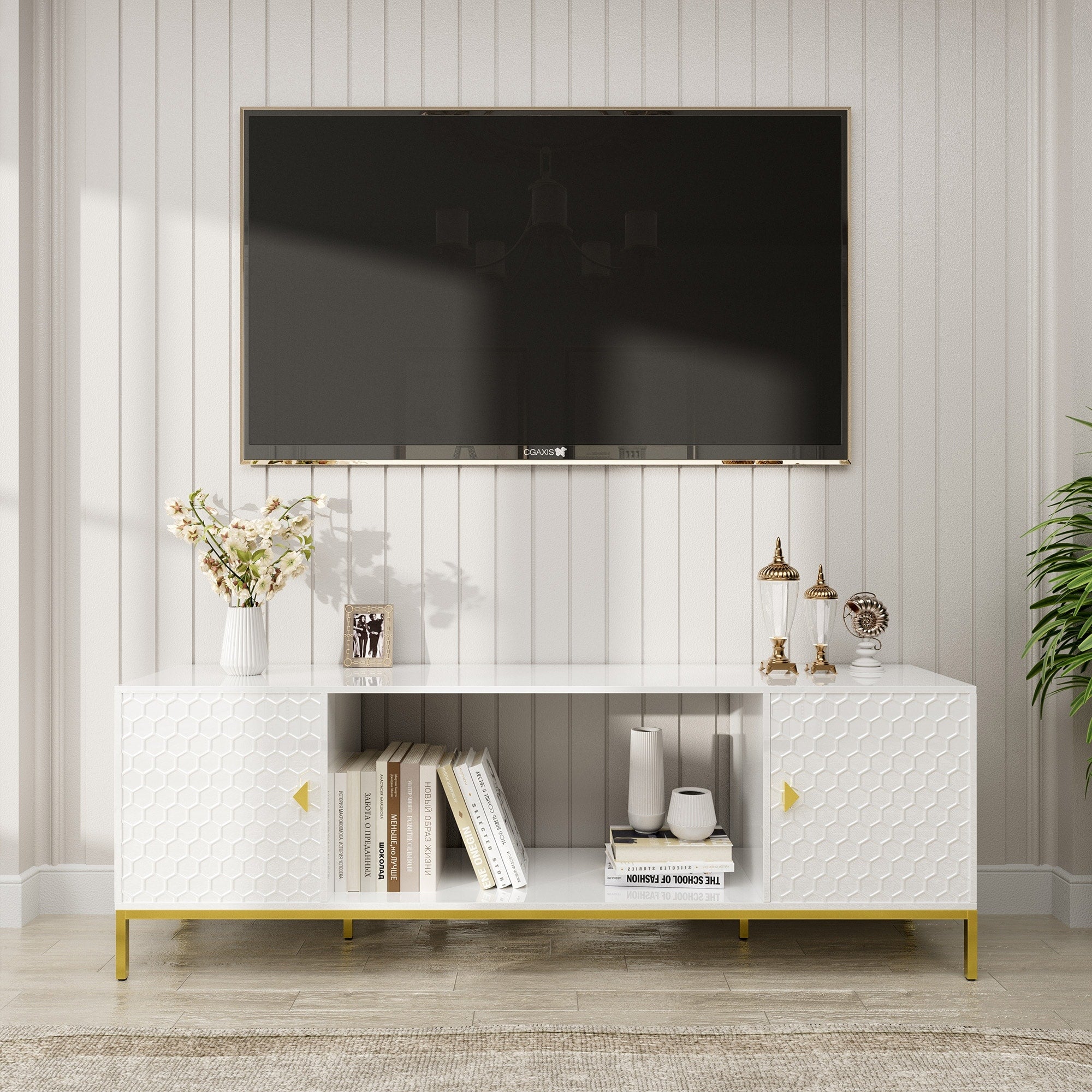70 Inch Tv Stand Heavy Duty Wood Media Entertainment Center Console With Cabinet Storage Open Shelves