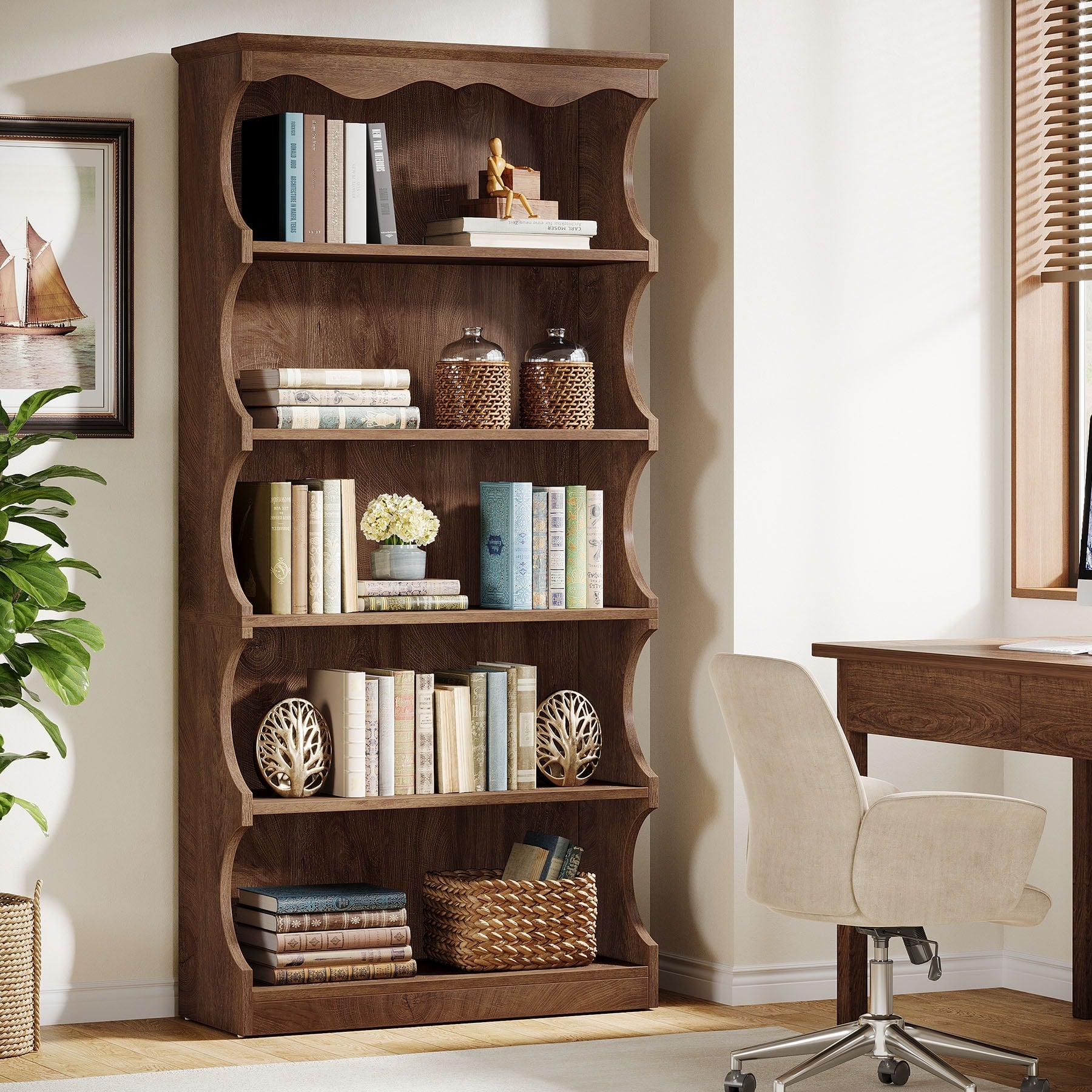 70 Inch Tall 5 Tier Curved Edge Bookcase