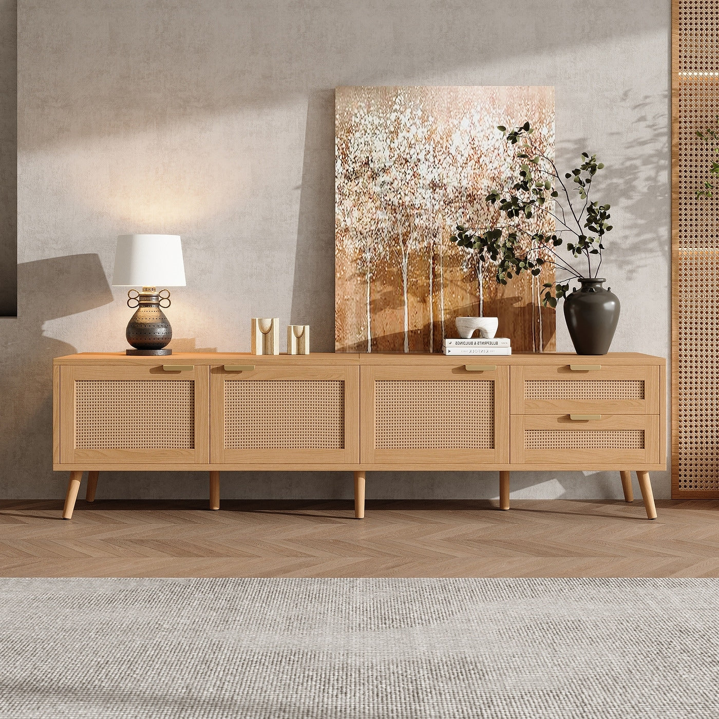 70 In Modern Tv Stand With Rattan Doors N A