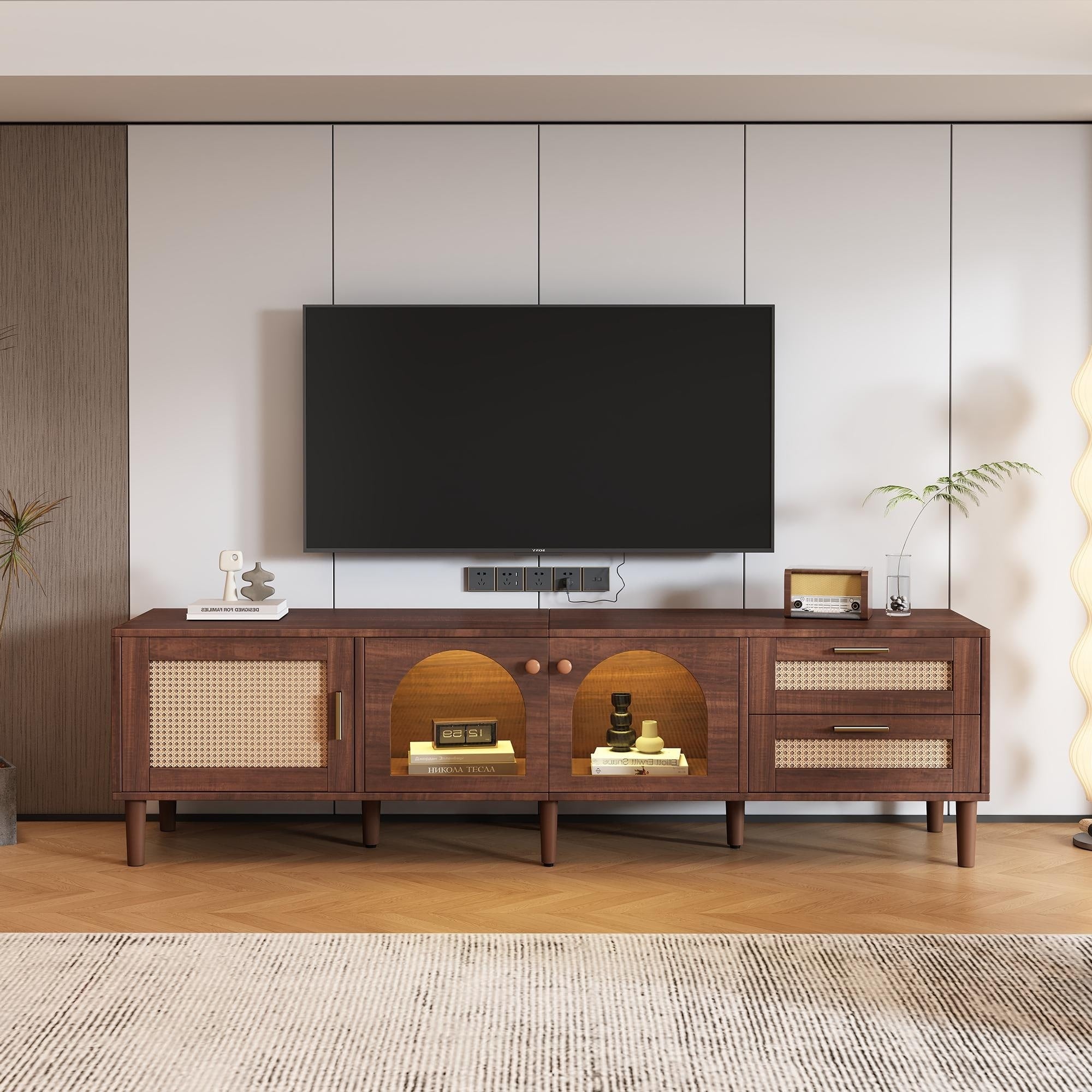 70 Inch Tv Stand For Tvs Up To 80 Entertainment Center With App Controlled Led Lights 2 Drawers Glass Door Storage