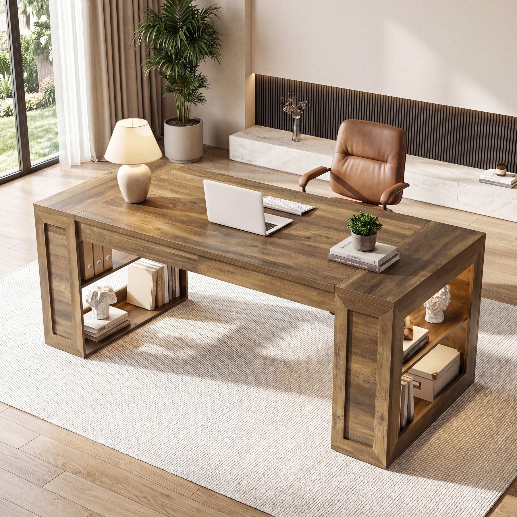 70.8 Inch Executive Desk Large Wooden Computer Desk With Open Side Storage Shelves Sturdy Home Office Desk For Work Study