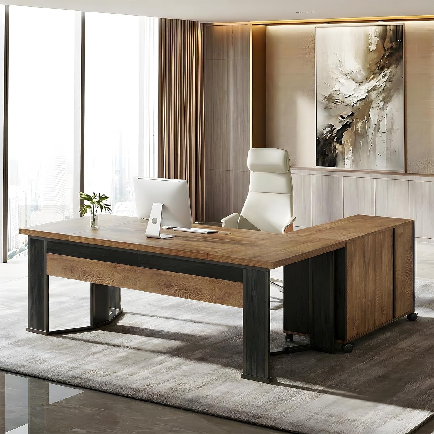 70.86 Inch L Shaped Executive Desk With Drawers Computer Desk With Mobile File Cabinet And Storage Shelves For Home Office