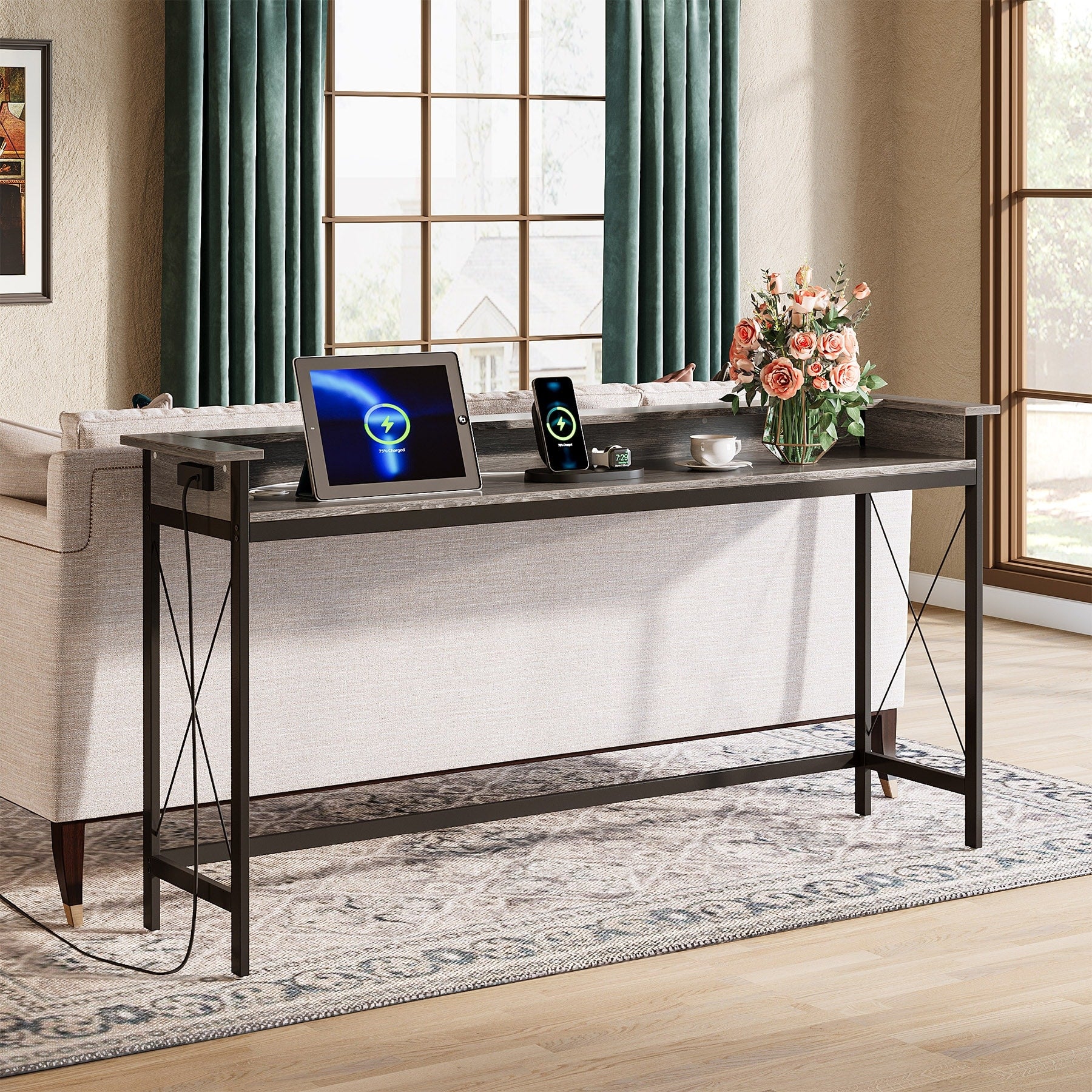 70.9 In. Rectangle Console Table With Outlets And Usb Ports Extra Long Sofa Table