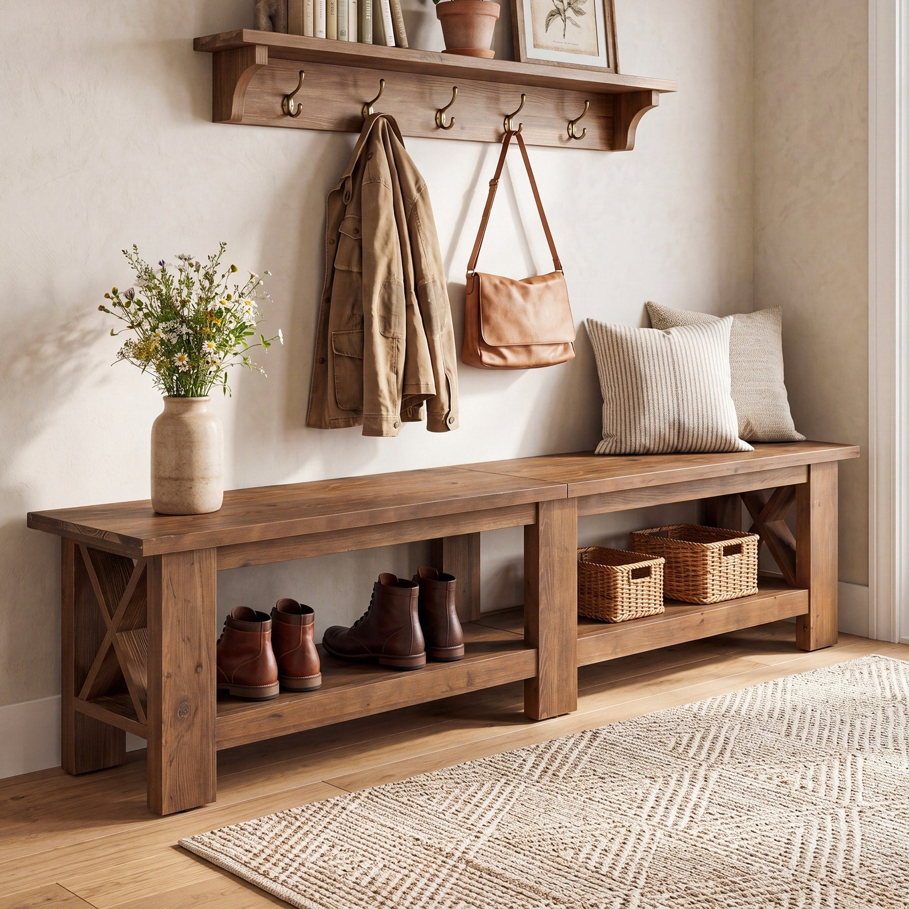 70.87 Entryway Shoe Bench Extra Long Solid Wood Farmhouse