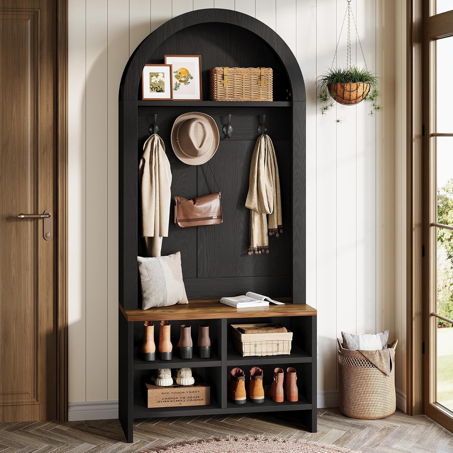 70.87 H Tall Arched Hall Tree With Bench And Shoe Storage 4 In 1 Entryway Coat Rack With 4 Hooks Storage Cubbies