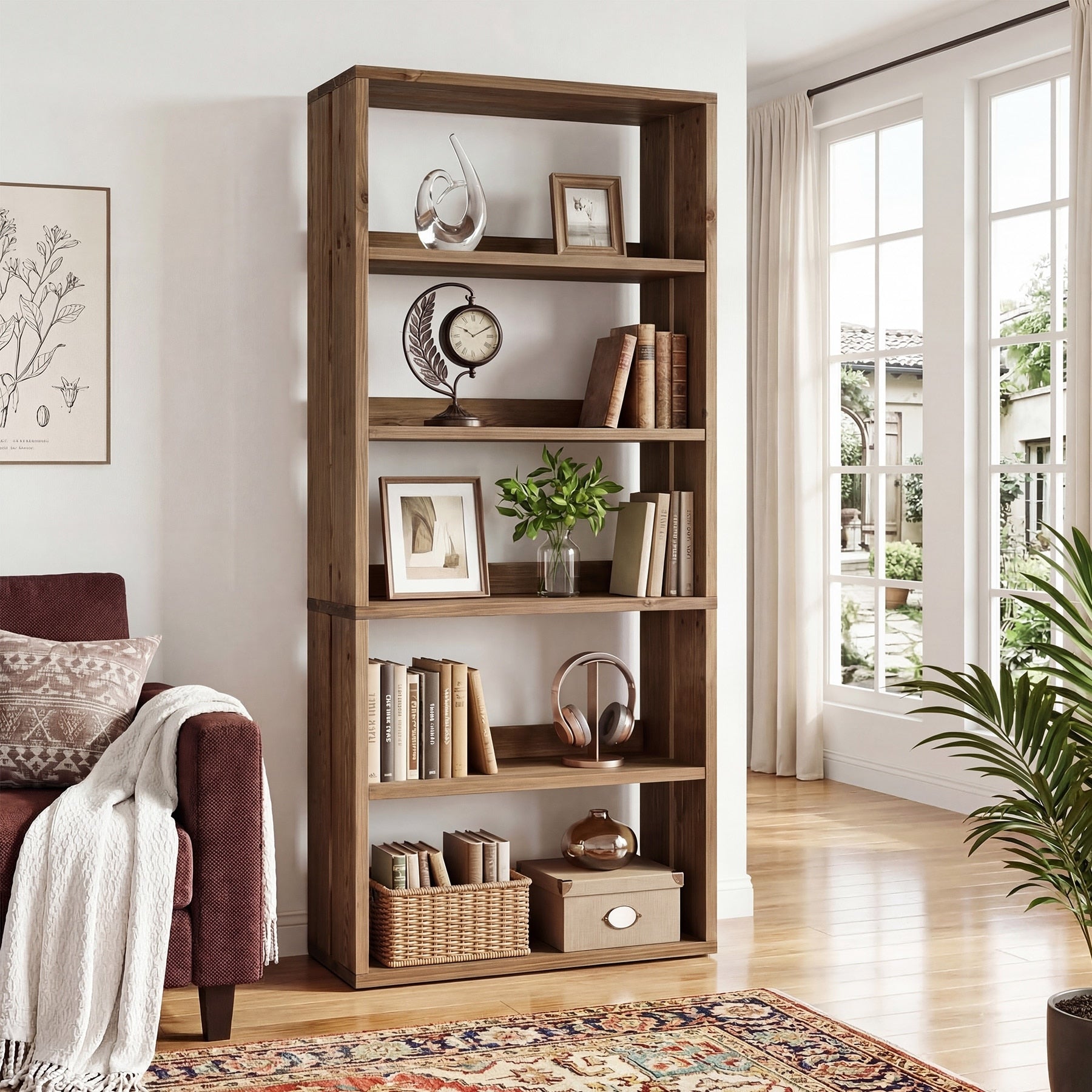 70.87 Tall Open Storage Bookshelf 5 Shelf Solid Wood Bookcase 31.5 L 11.81 W 70.87 H