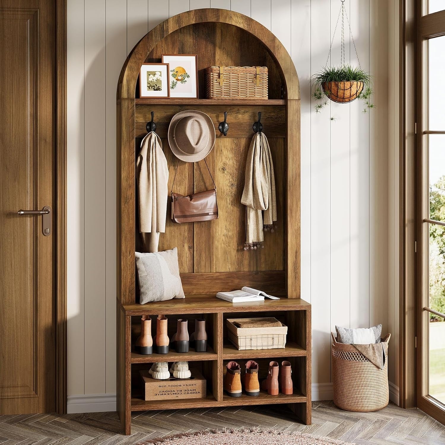 70.87 High Arched Hall Tree With Storage Bench And Coat Rack For Entryway 31.49 W X 13.77 D X 70.86 H