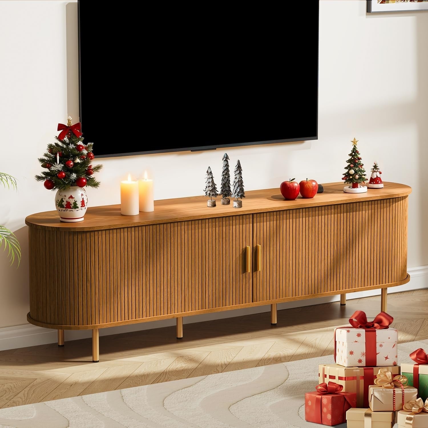 70.8 Mid Century Tv Stand With Power Outlet For Tvs Up To 80 Inch Media Console With Adjustable Shelves Sliding Doors