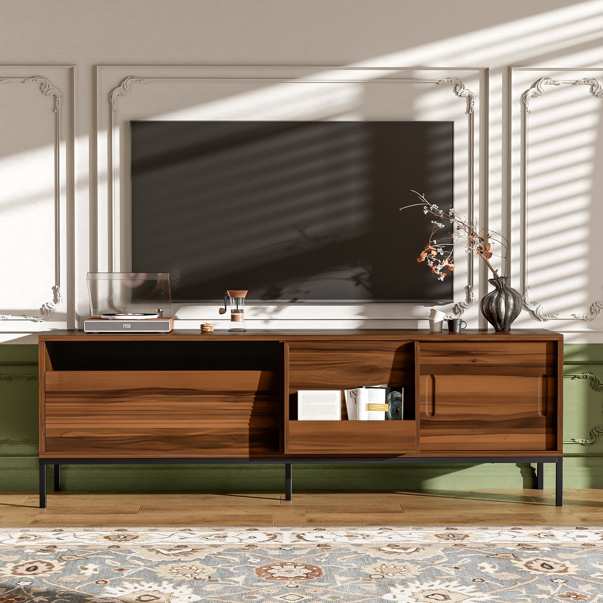 70.8 Modern Tv Stand With Sliding Doors And Adjustable Shelves For Tvs Up To 75 Inches