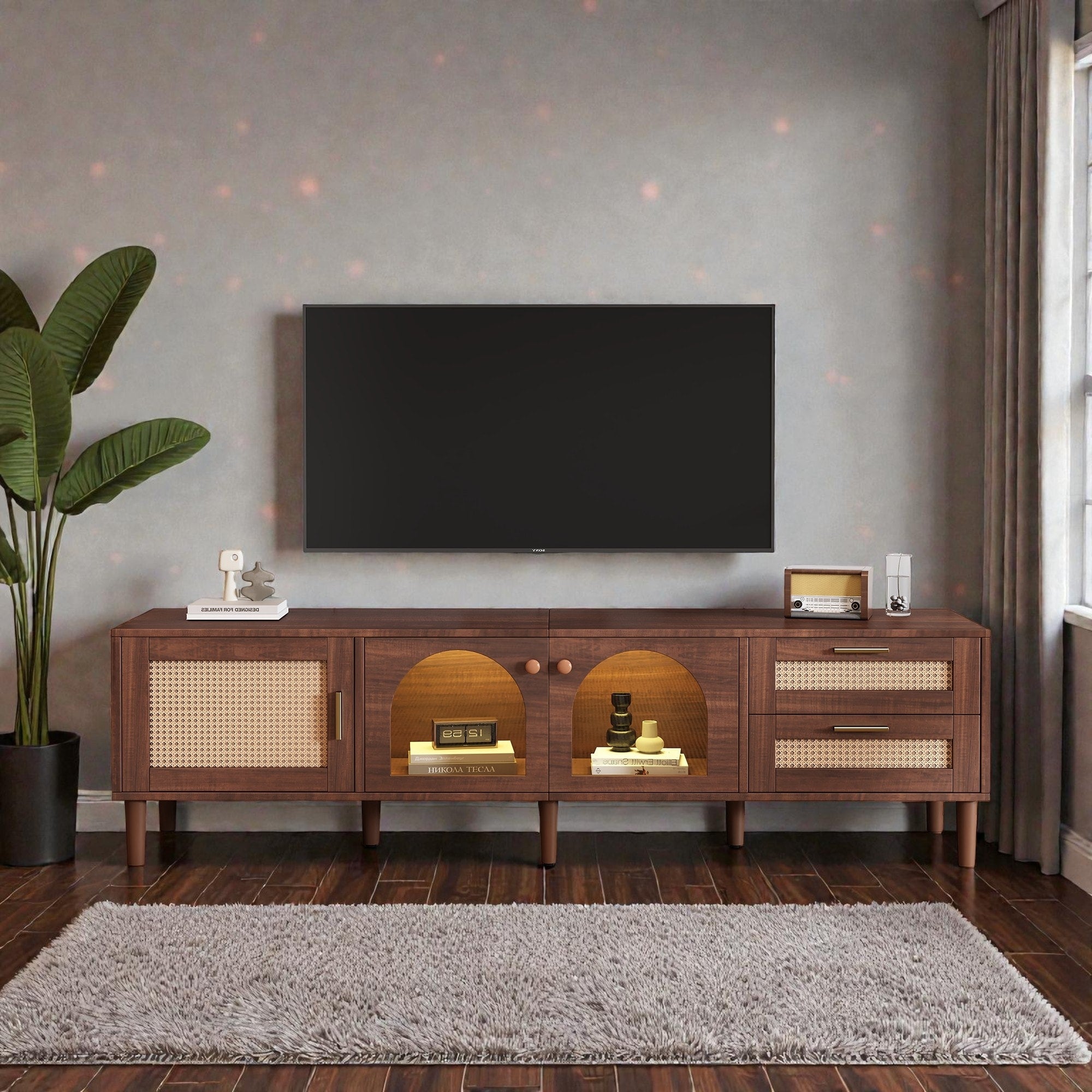 70.8 Tv Stand For Tvs Up To 80 Inch Media Console With App Controlled Led Lights Rattan Doors Drawers