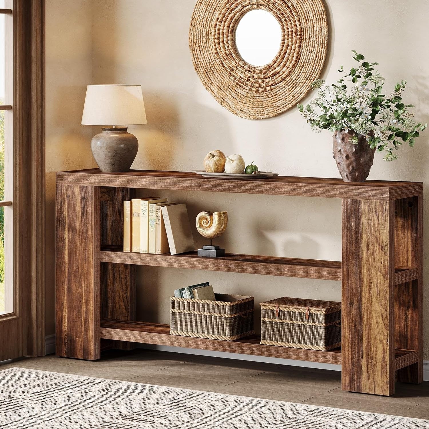 70.9 Inch Extra Long Console Table With Storage 3 Tier Farmhouse Wooden Entry Foyer Table 70.87 L X 11.61 W X 33.46 H