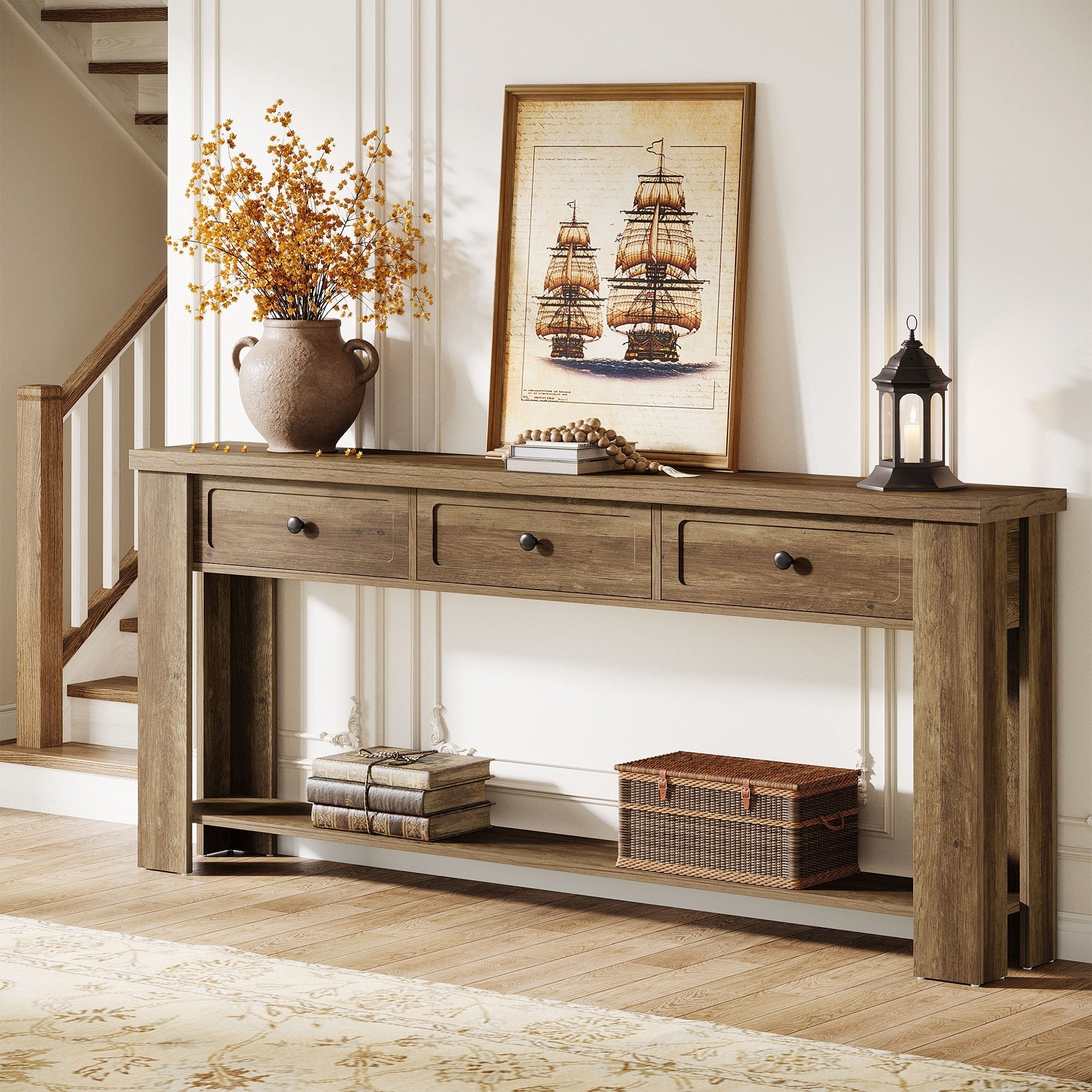 70.9 Inch Long Console Table With 3 Drawers And Storage Shelves Farmhouse Rectangular Sofa Table Behind The Couch