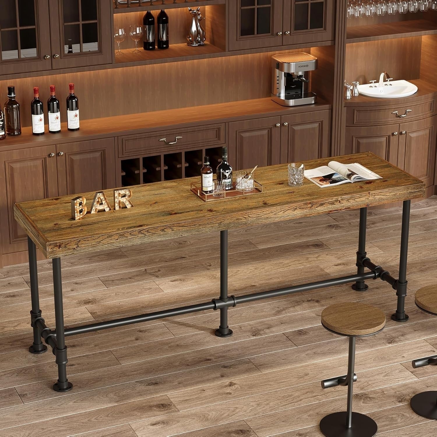 70.9 Inch Long Solid Wood Bar Table Industrial Narrow Counter Height Pub Table