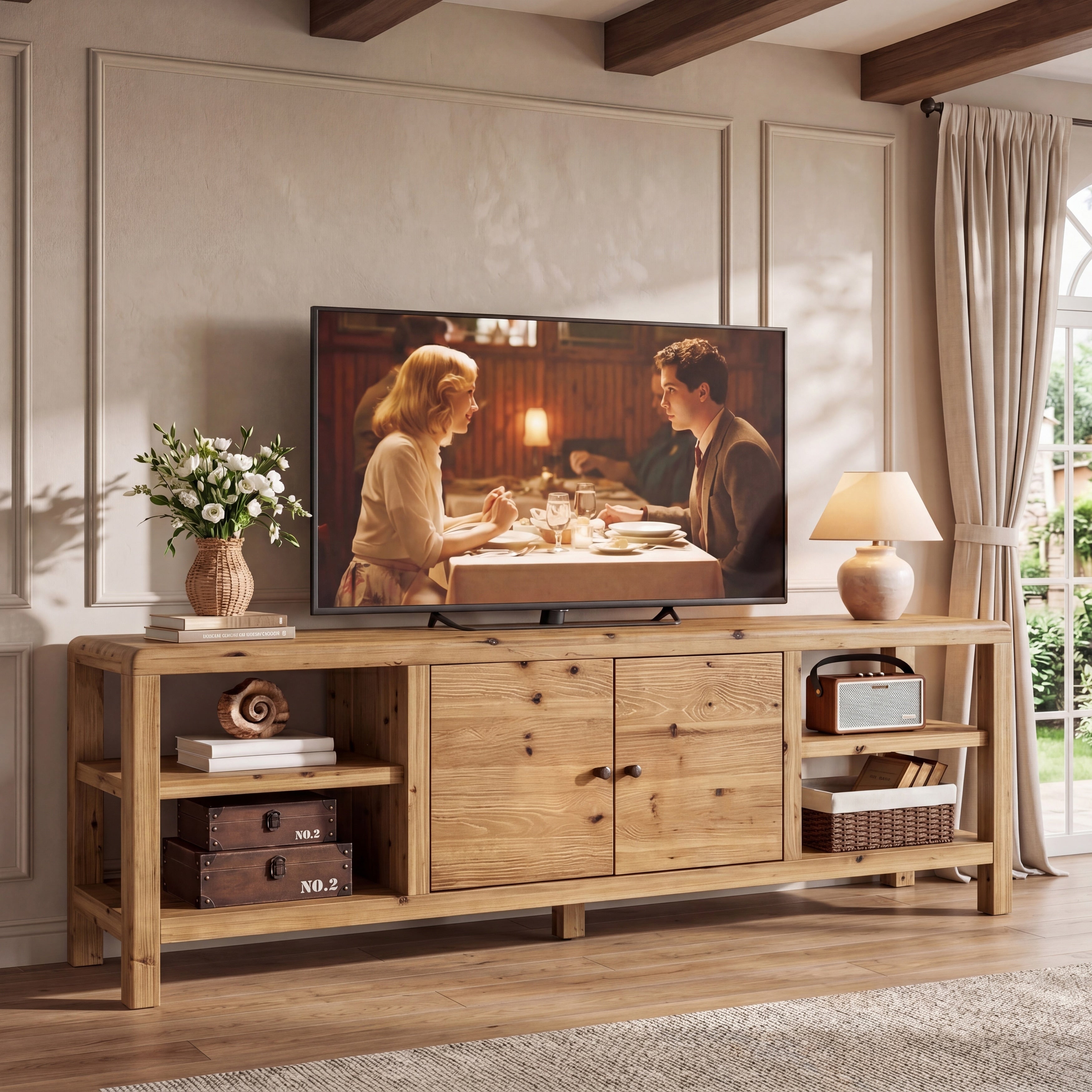 70.9 Inch Solid Wood Tv Stand Entertainment Center With Storage For Living Room Television Console For Tvs Up To 80 Inches