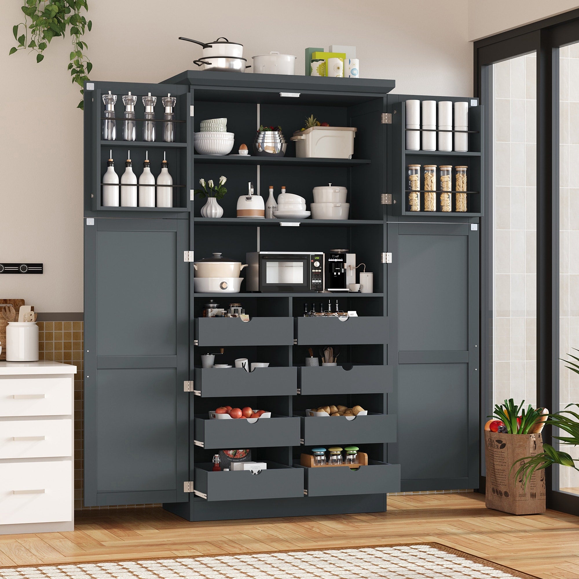 70.9 Inch Freestanding Kitchen Cabinet Tall Storage Cabinet With 4 Doors 2 Door Shelves 8 Pull Out Trays And Adjustable Shelf