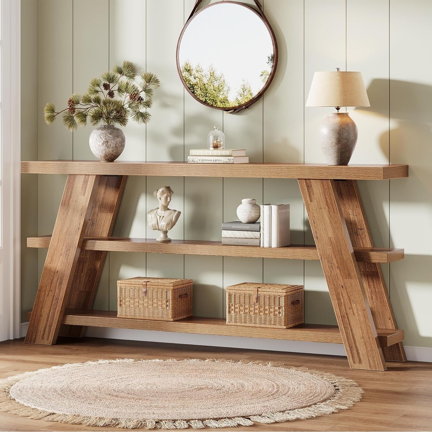 70.9 Extra Long Console Table With Storage 3 Tier Narrow Farmhouse Sofa Table Behind Couch 70.87 L X 11.81 W X 33.86 H