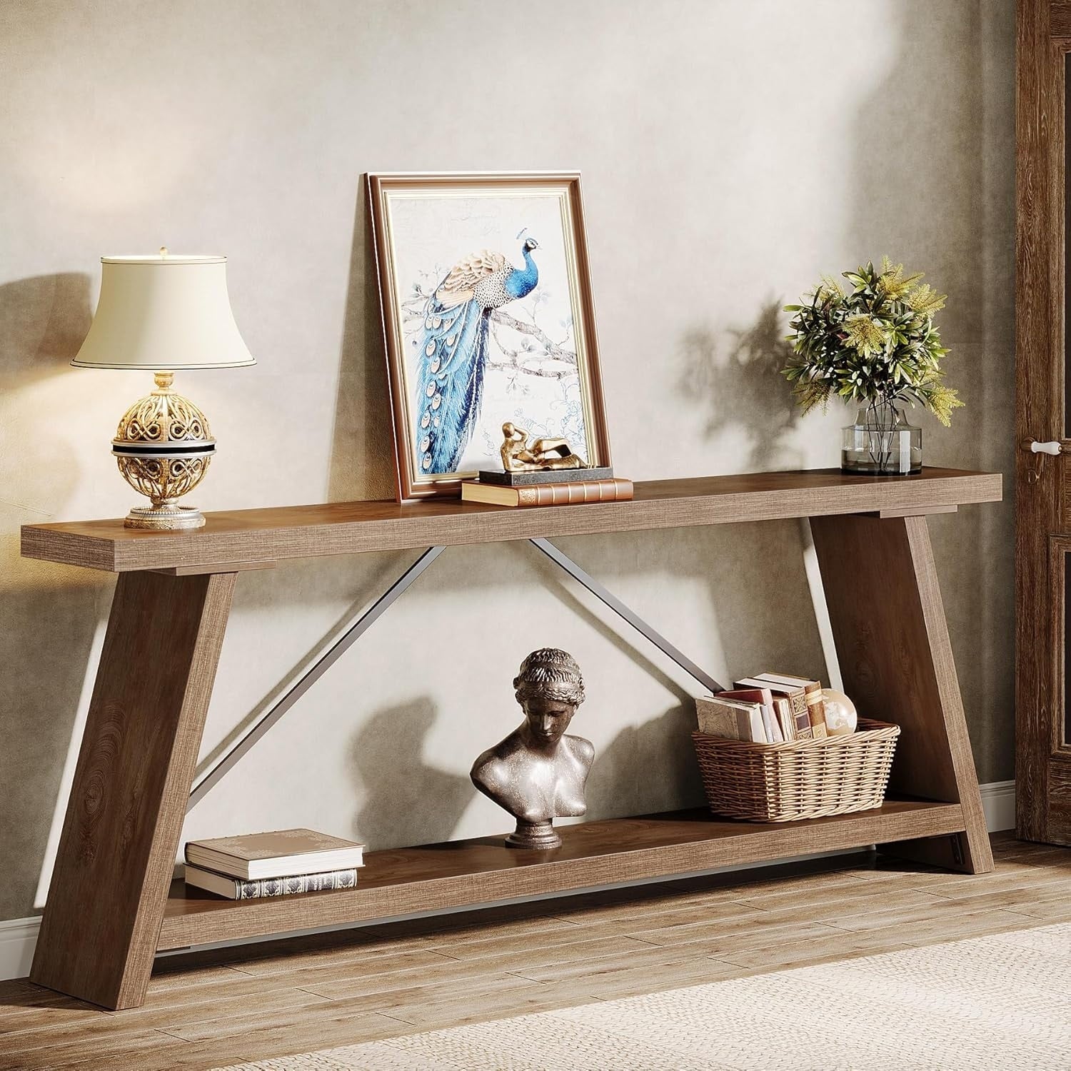 70.9 Extra Long Industrial Console Table Behind Couch With Storage Shelves For Living Room Foyer
