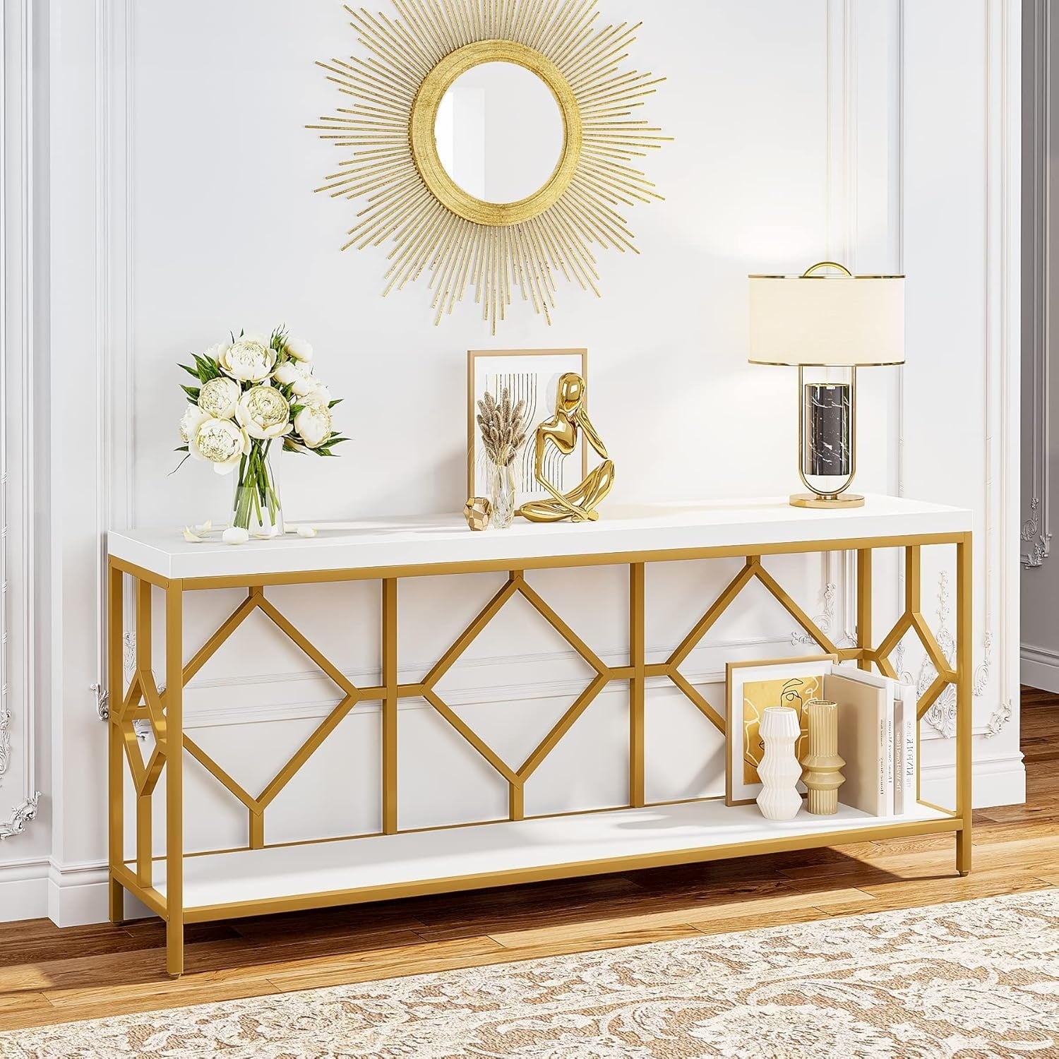 70.9 Extra Long Industrial Narrow Sofa Table With Diamond Pattern Metal Frame For Entryway Living Room