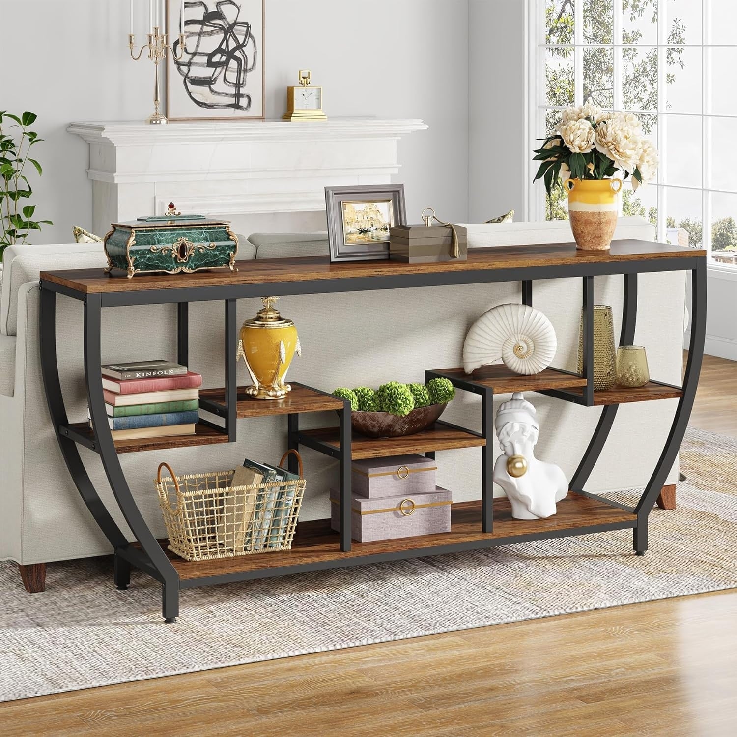 70.9 Industrial Console Sofa Table With 7 Tier Storage Shelves For Living Room Hallway Or Foyer