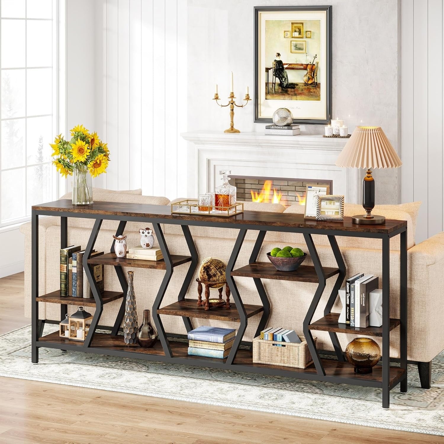 70.9 Industrial Sofa Console Table With 4 Tier Wood Storage Shelves For Hallway Living Room Foyer