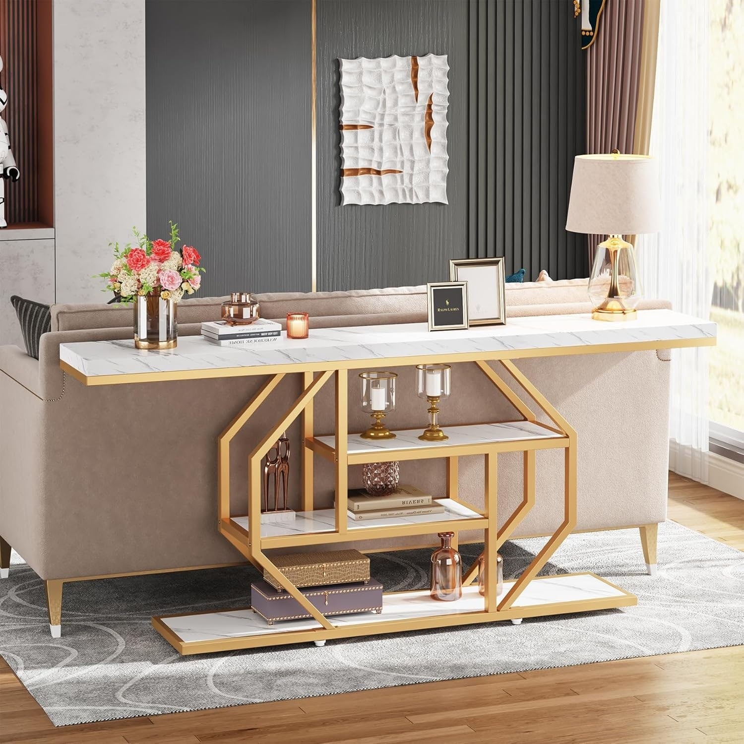 70.9 Modern Extra Long Faux Marble Console Table With 4 Tier Storage For Living Room Hallway Entrance