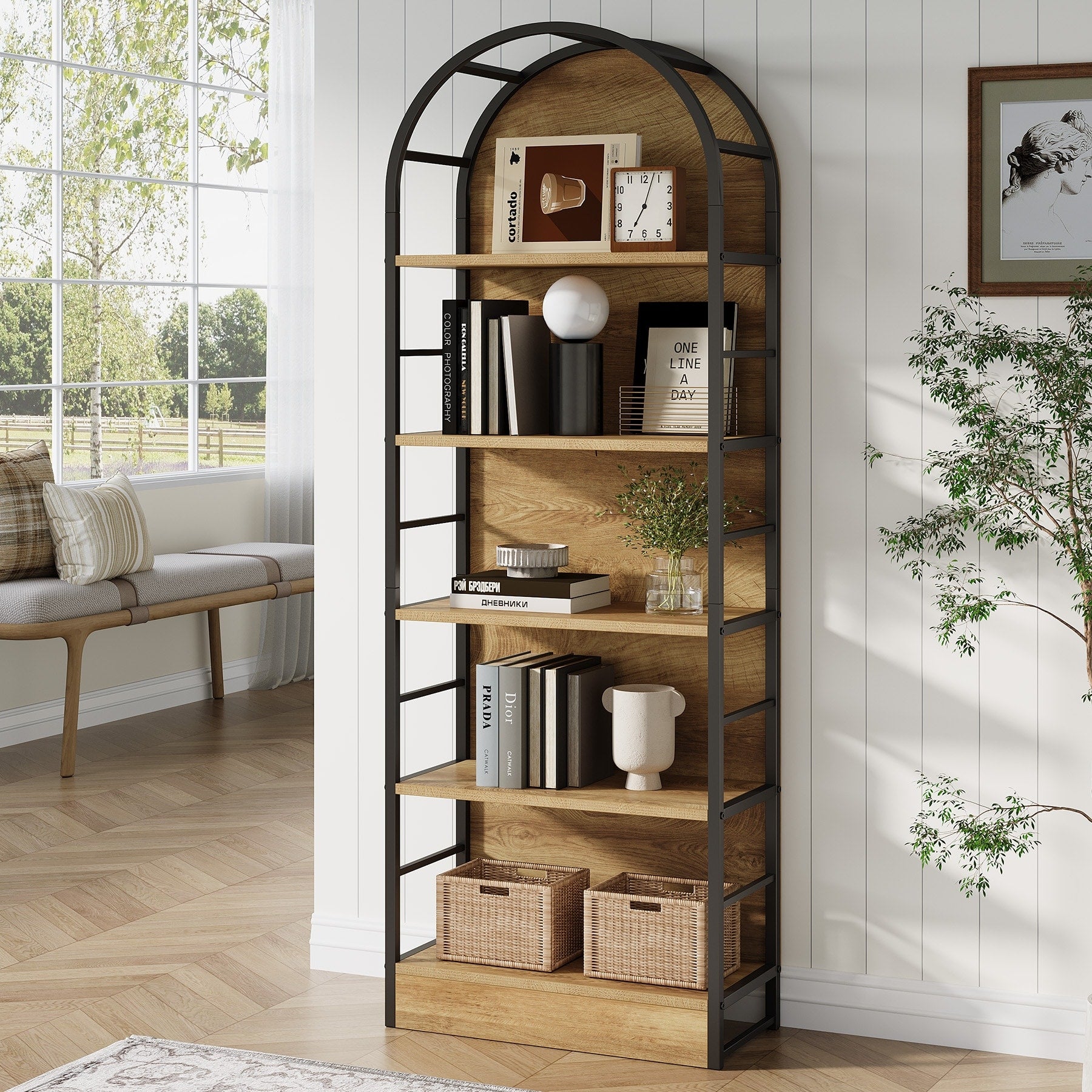 70.9 Tall Arched Bookcase 5 Tier Industrial Open Book Shelves 11.81 D X 23.6 W X 70.9 H